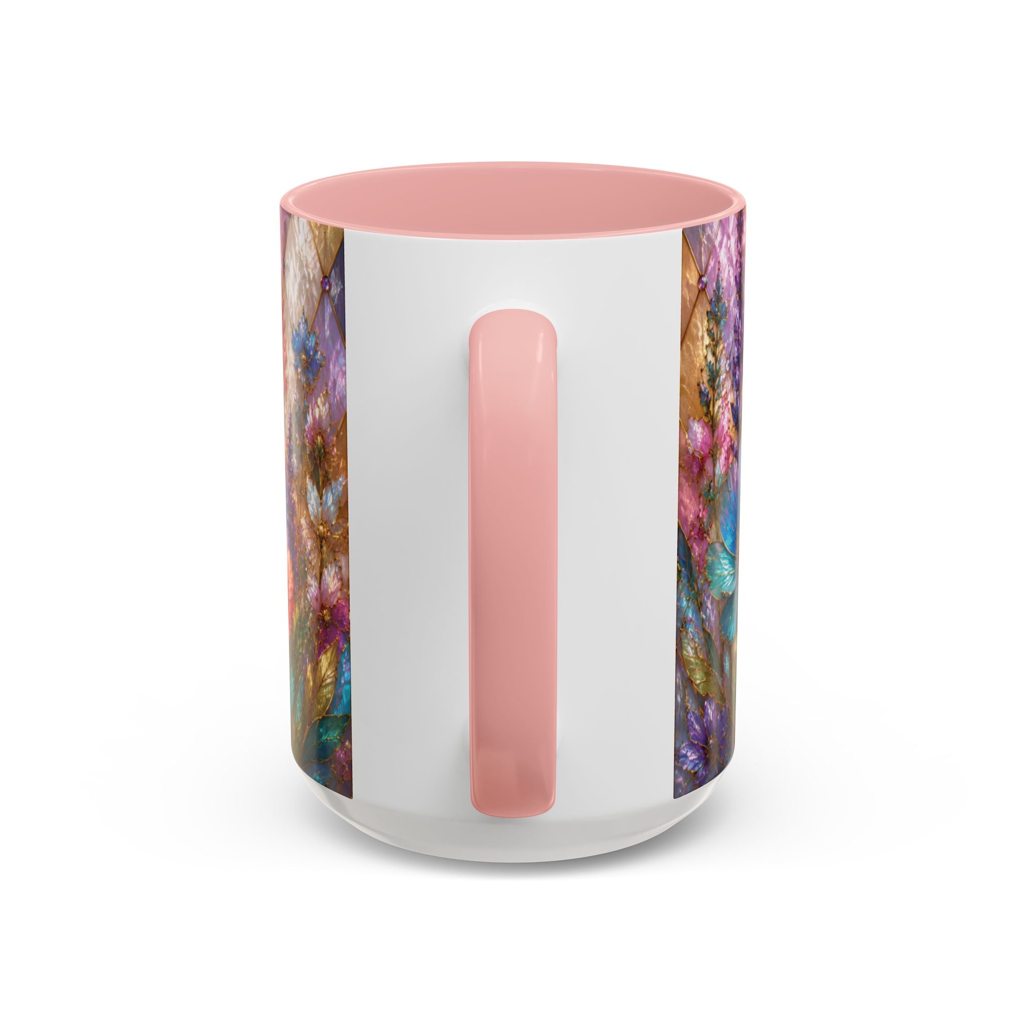 Floral Mosaic Accent Coffee Mug — Colorful Garden Flowers 11/15oz Stain Glass Illusion