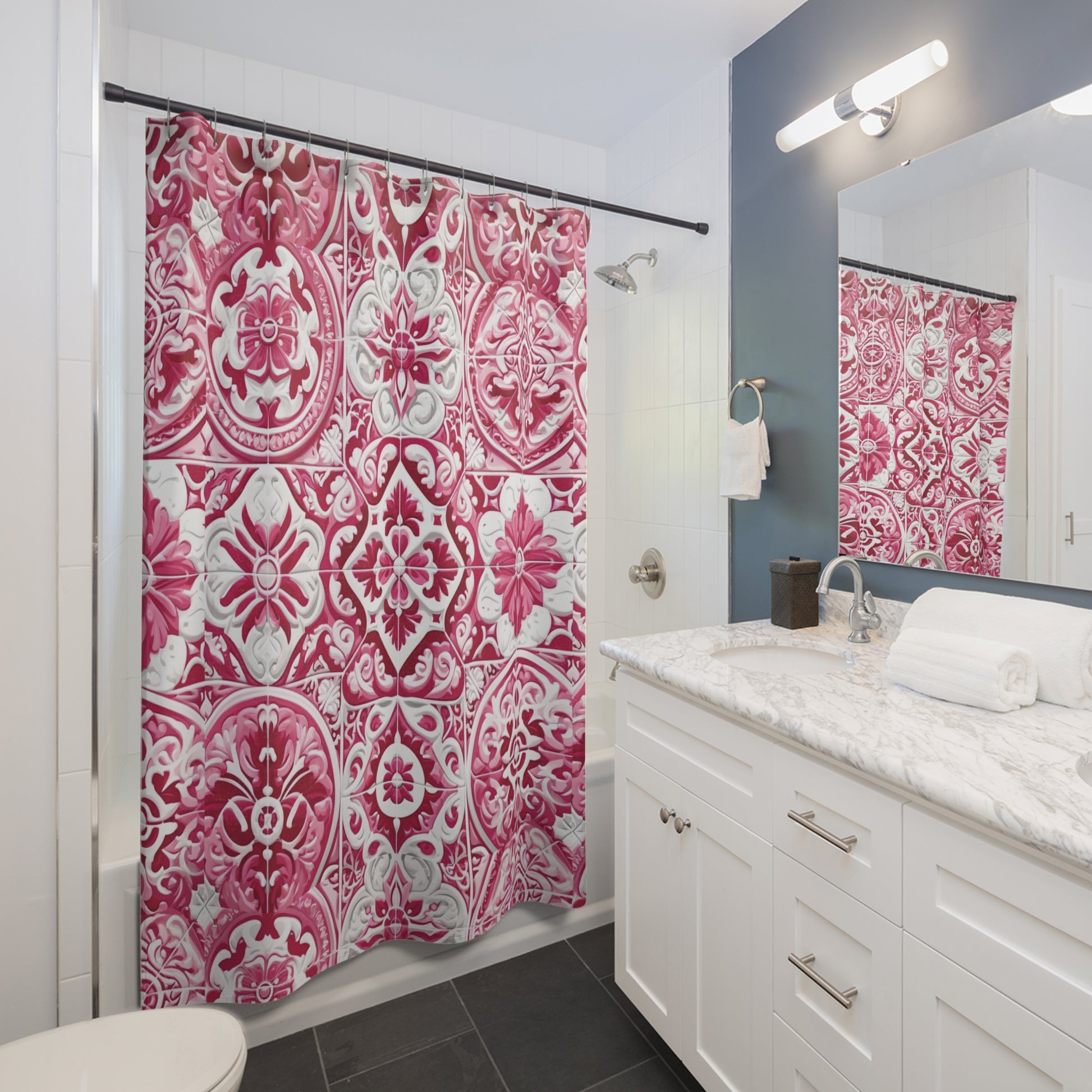 Pink and White Mediterranean Tile Design Shower Curtain Stylish Bathroom Decor, Perfect for a Fresh, Elegant Look and Durable for a Fresh, Stylish LookWedding Gift for Mom Bridal Shower Gift Newlywed - MRSBYVALLE