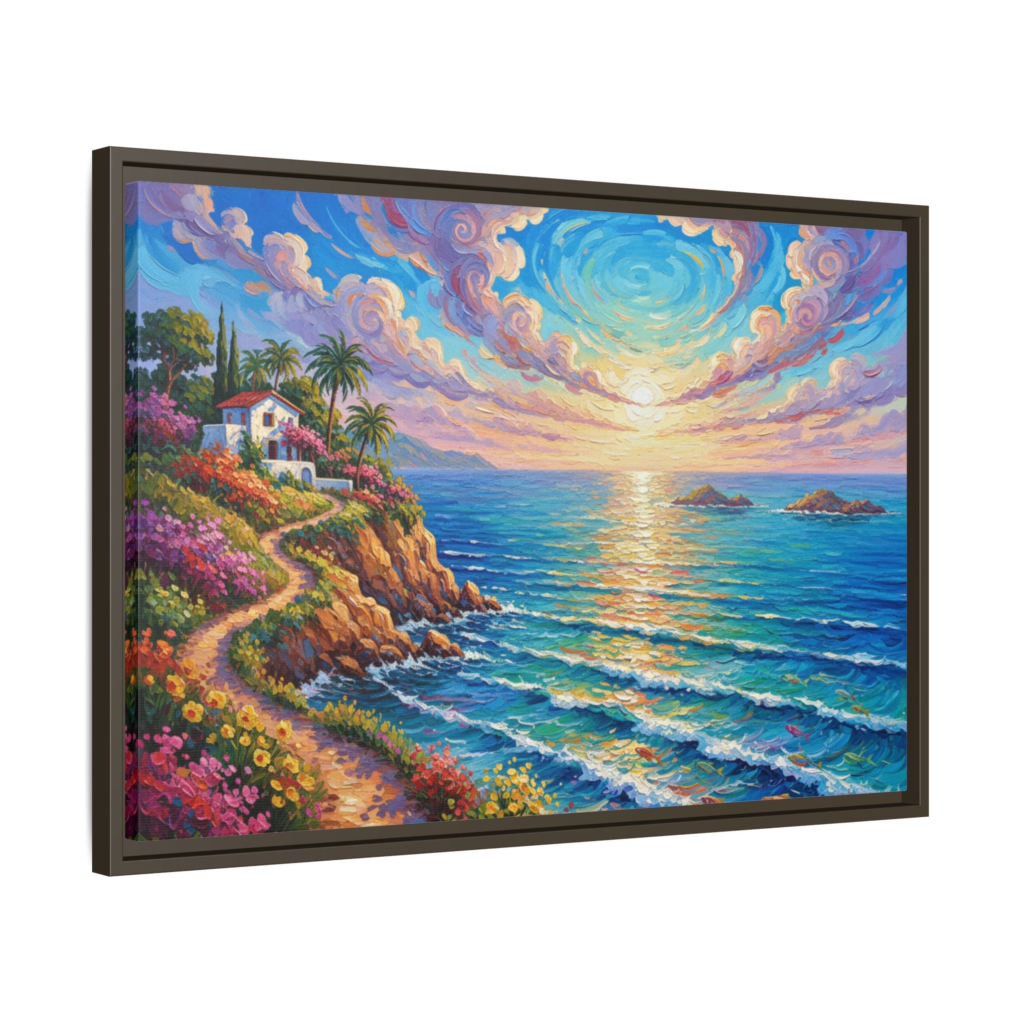 Toile imprimée florale océanique | Décoration murale colorée et lumineuse de paysage marin, œuvre d'art de bureau encadrée et mate