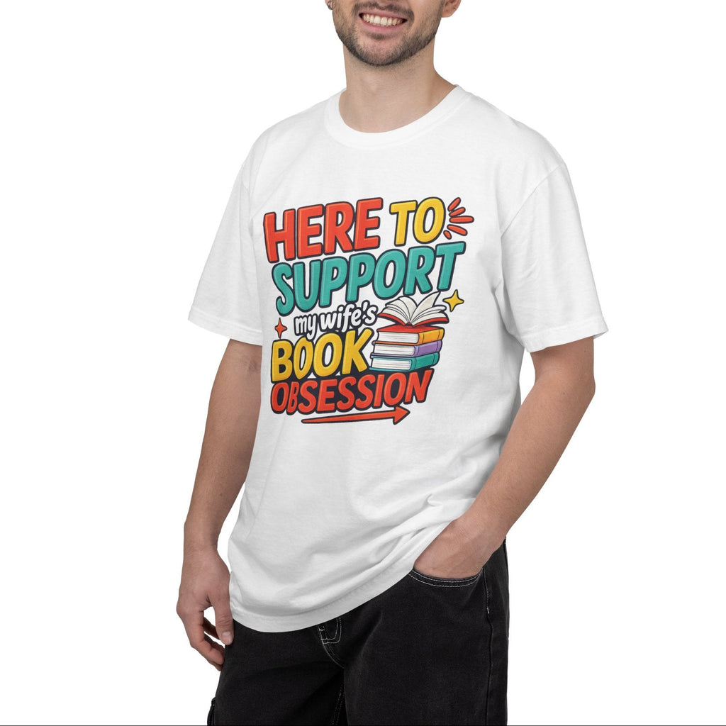 Man wearing a white t-shirt with colorful text design on a white background