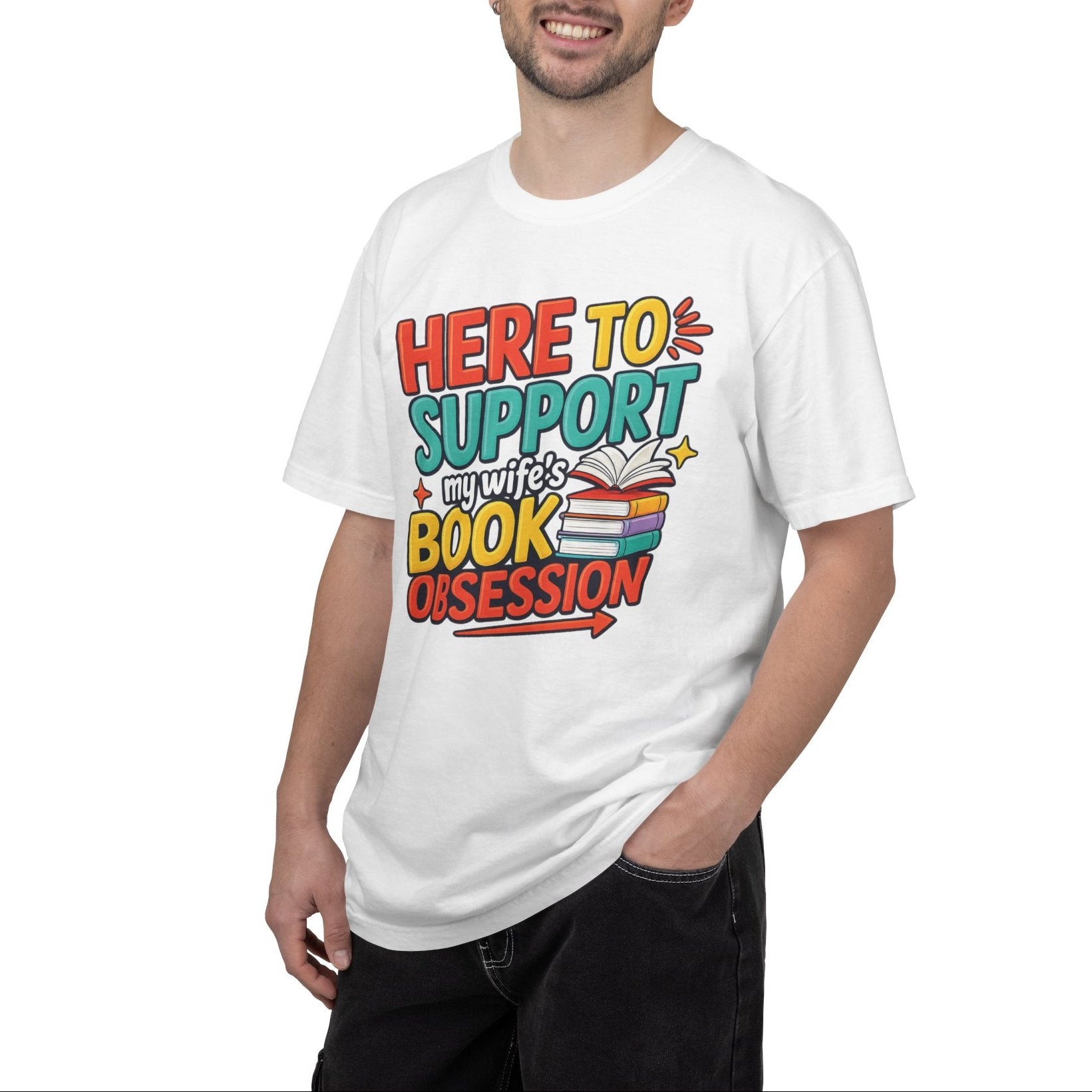 Man wearing a white t-shirt with colorful text design on a white background
