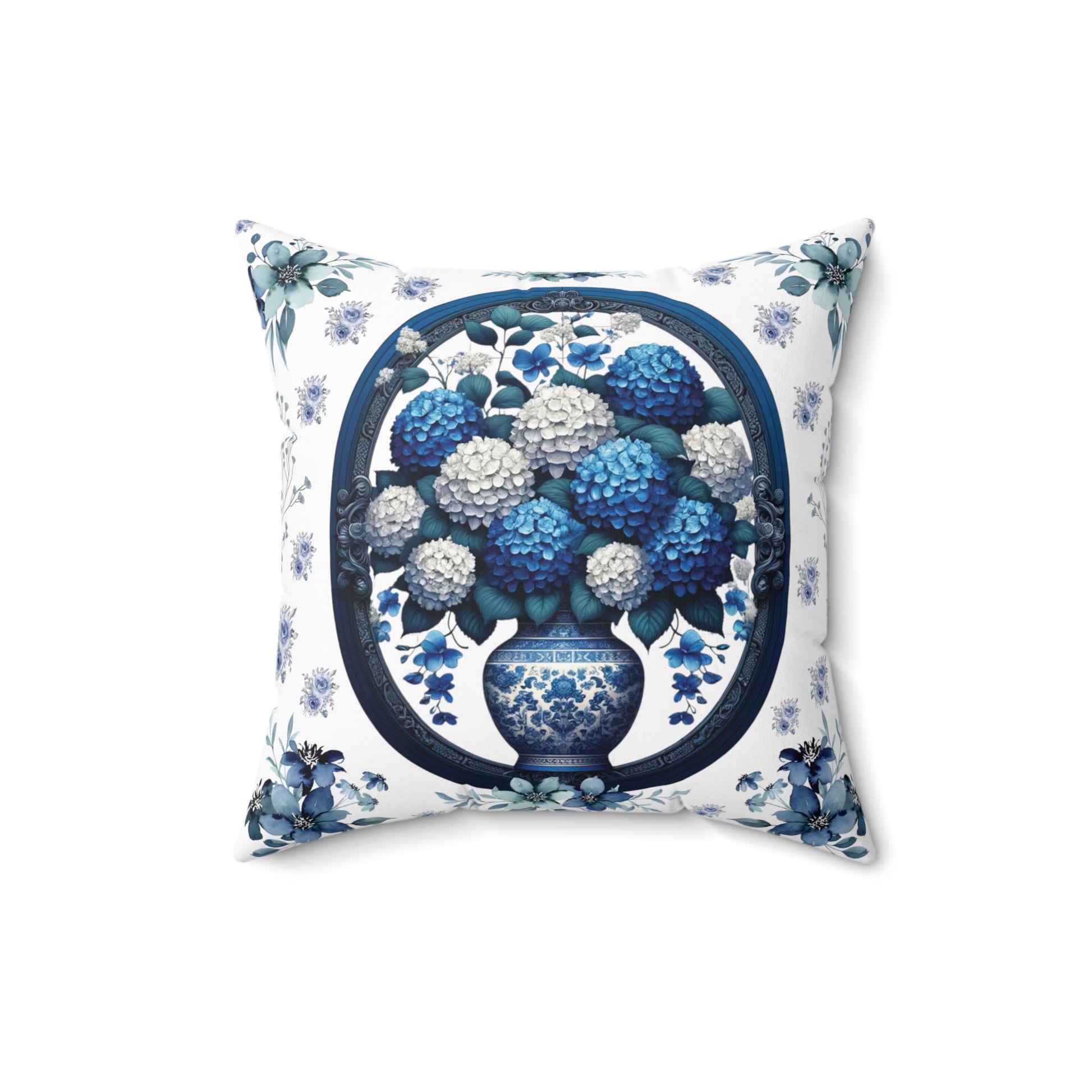 Square Pillow Vintage Chinoiserie Hydrangeas Square Pillow: Elegant Blue White Victorian Frame Ideal for Luxurious Home Decor Comfort for Living Room, Bedroom or Housewarming Gift New House, Bridal Shower Gift.