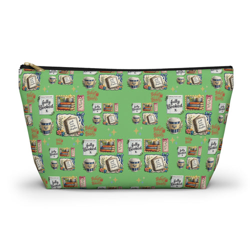 Green pouch with travel-themed pattern on a white background