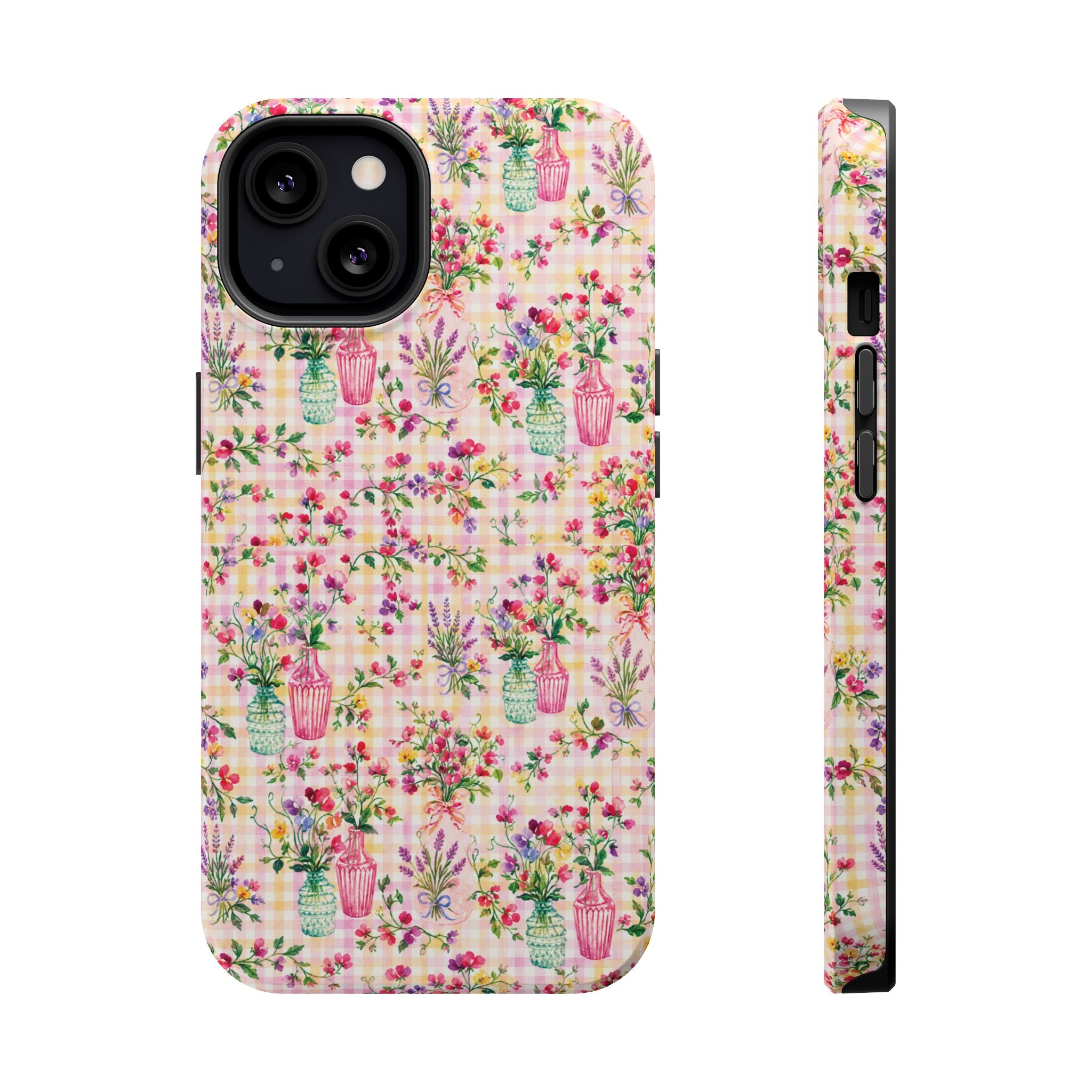 Turquoise & Pink Floral Checker Phone Case — Magnetic Impact-Resistant