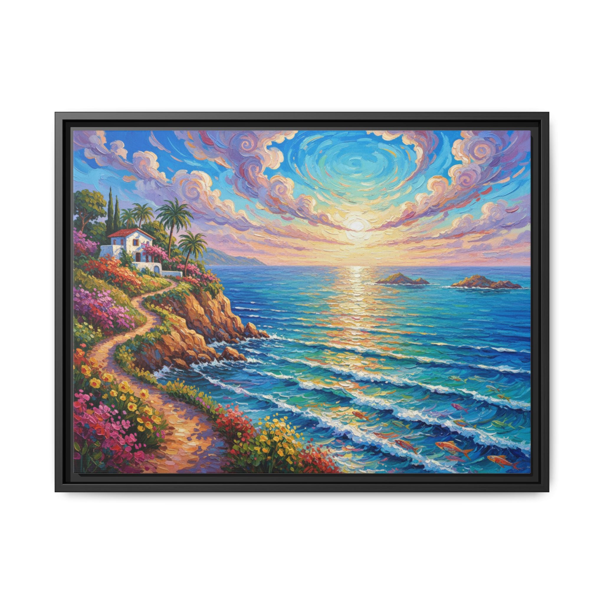 Ocean Floral Print Canvas | Bright Colorful Seascape Wall Art, Framed Matte Office Art Work