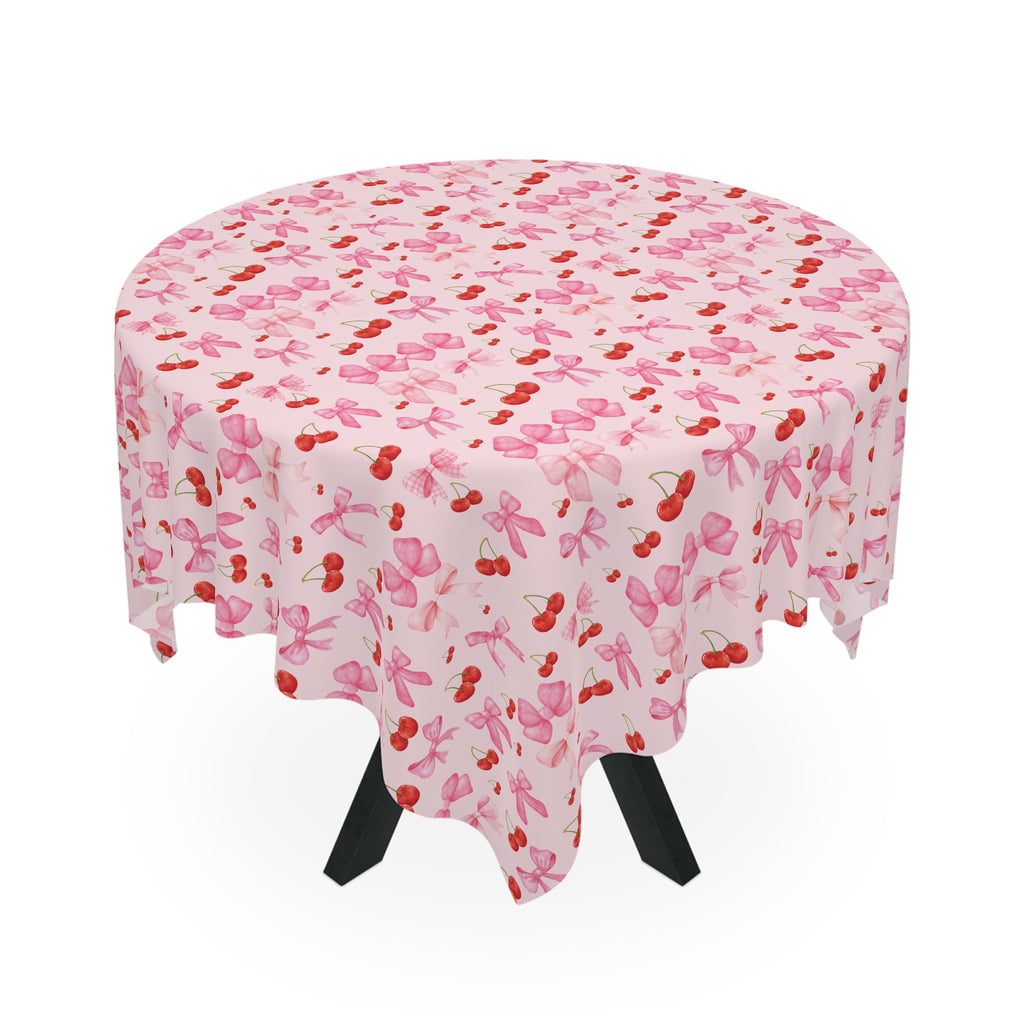 Tablecloth Whimsical Elegance with Coquette Cherry Ribbon Bows Design for Dining Any Dining Room, Kitchen Table or Outdoor Setting for Home, Weddings, Birthdays all Events Durable & Stylish for All Occasions.