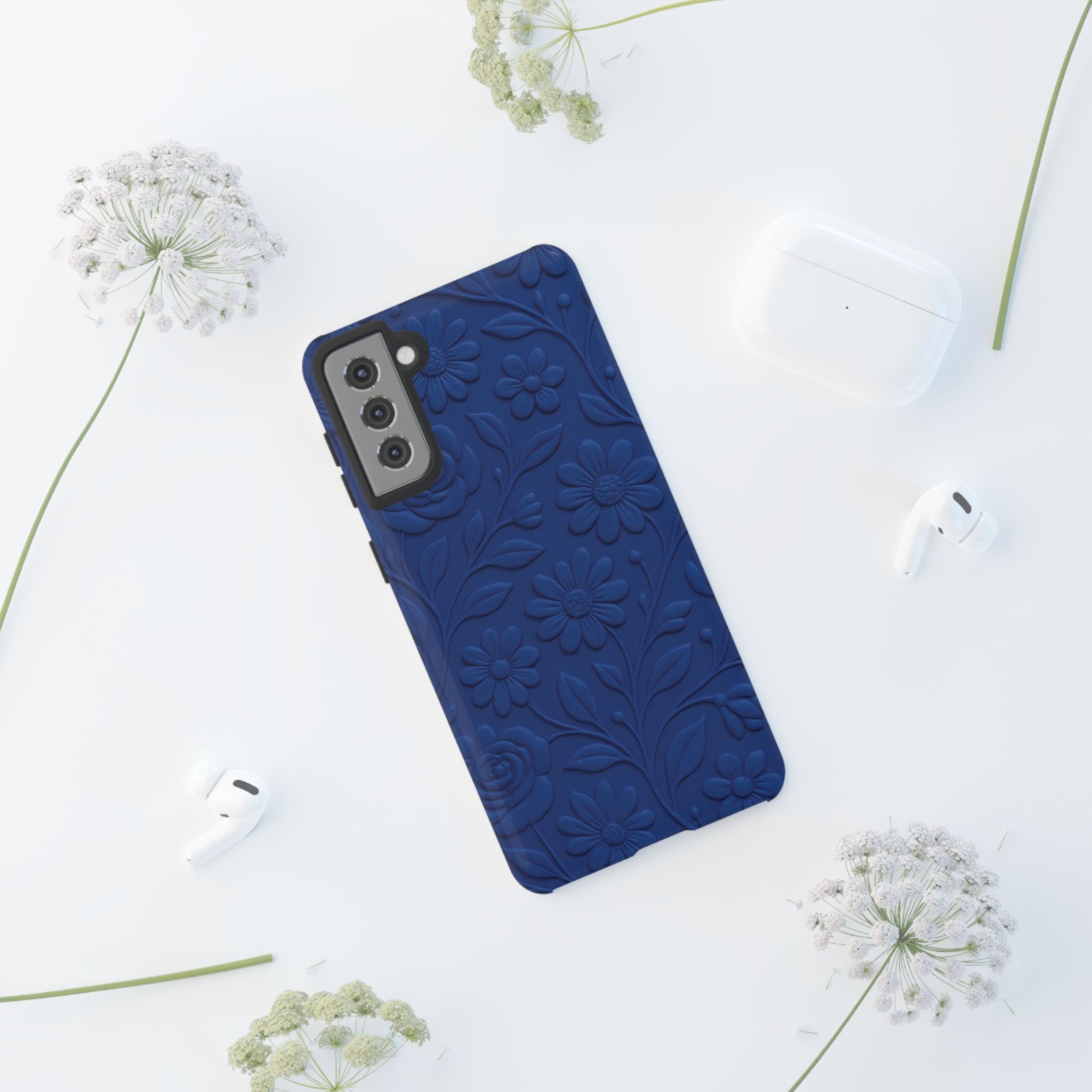 3D Illusion Floral Cobalt Blue Phone Case Elegant Raised Flower Design, Seamless Textured Look, Durable & Stylish Protection for iPhone and Android Models Fits iPhone & Samsung Models