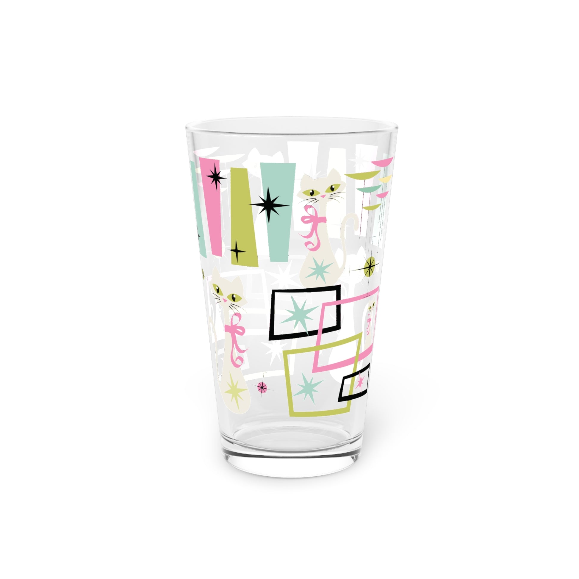 Mid-Century Modern 16oz Pint Glass – Pastel Atomic Kitty Cats, Retro 50s Vintage-Inspired Drinkware for Cocktails or Everyday Use! Handwash Only