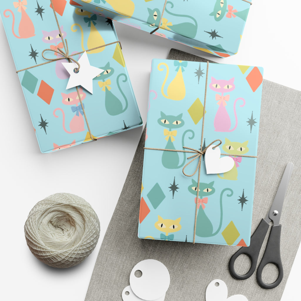 Papier cadeau chat atomique, papier cadeau rétro, motif chaton pastel du milieu du siècle, fêtes vintage 30x20, 30x72, 30x144 Parfait pour toutes les occasions