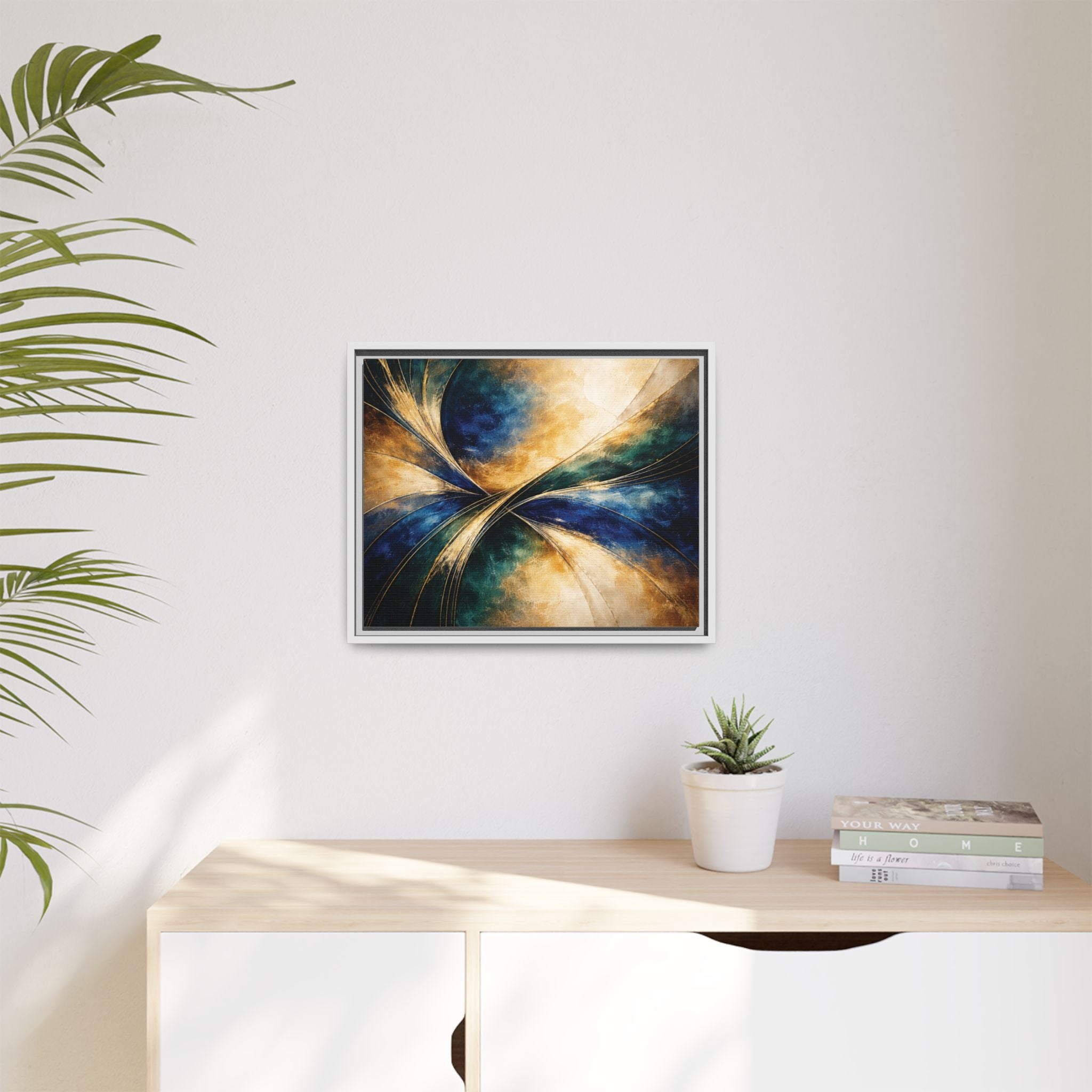 Gilded Convergence  Luxe NeoDeco Blue & Gold Abstract Wall Art Framed