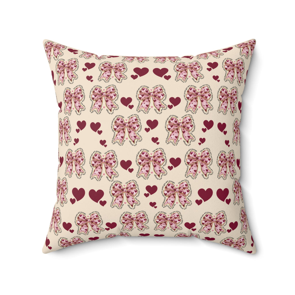 Charming Hearts & Pink Bows Square Pillow  Stylish Home Decor Accent for Living Room, Bedroom, or Gifts | Soft & Durable 100% Polyester with Double-Sided Print - MRSBYVALLE