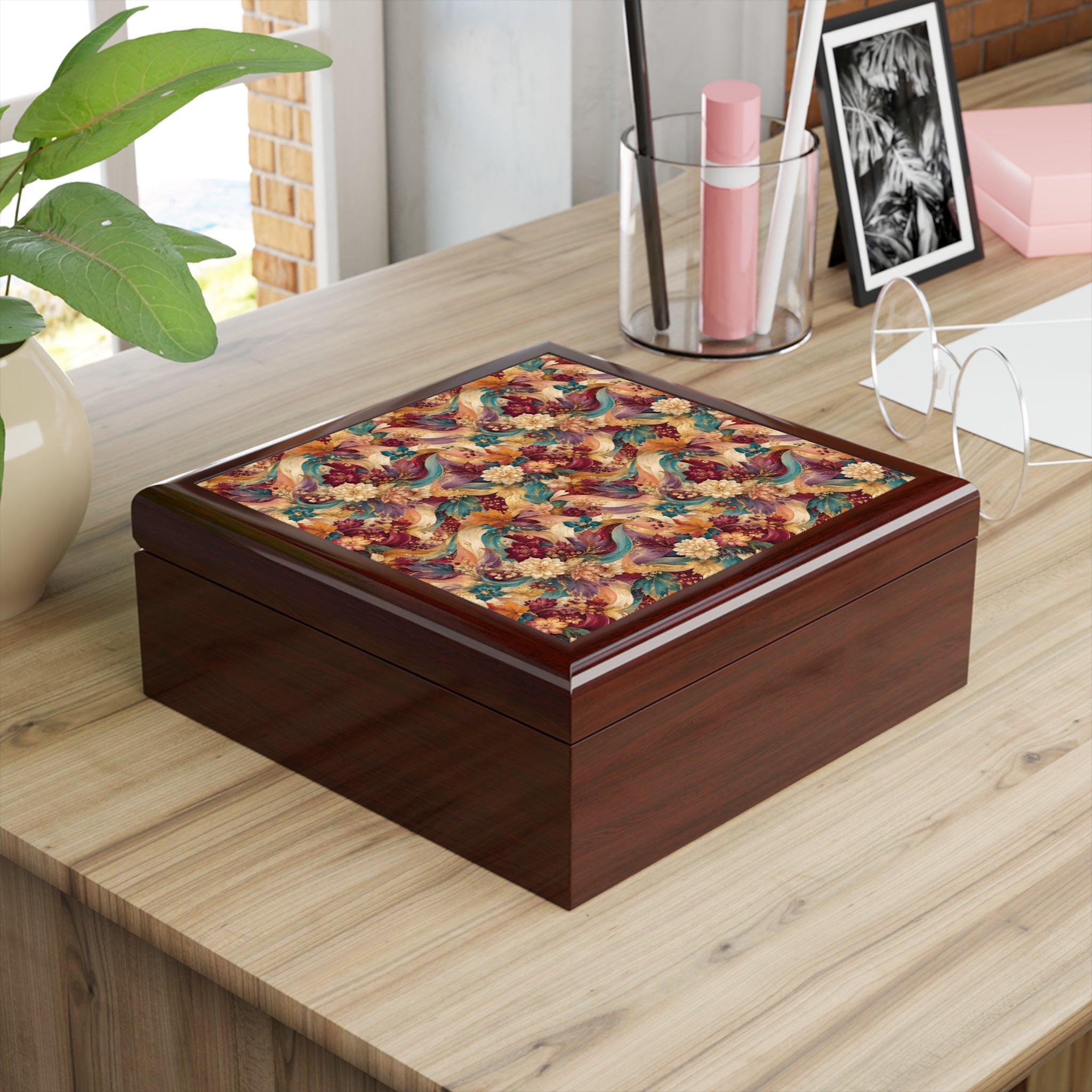 Floral Peacock Pattern Jewelry Box — Decorative Keepsake Box with Vintage Botanical Design