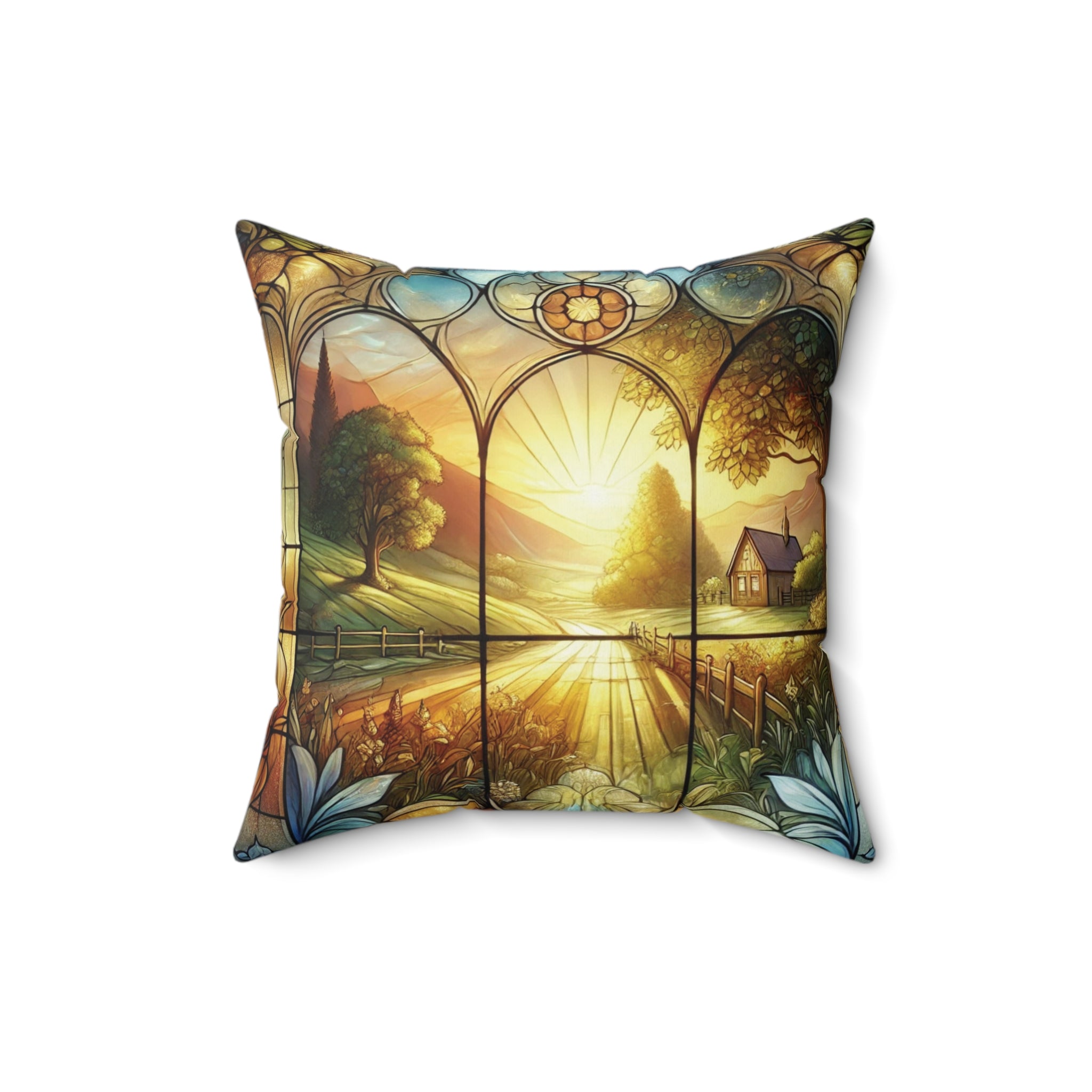 Farmhouse Sunset Stained Glass Illusion Pillow Rustic Country Scene Square Throw Pillow | Unique Home Decor for Living Room, Bedroom, or Gifting100% Polyester Cover with Double-Sided Print, Concealed Zipper, Bridal Shower Gift - MRSBYVALLE