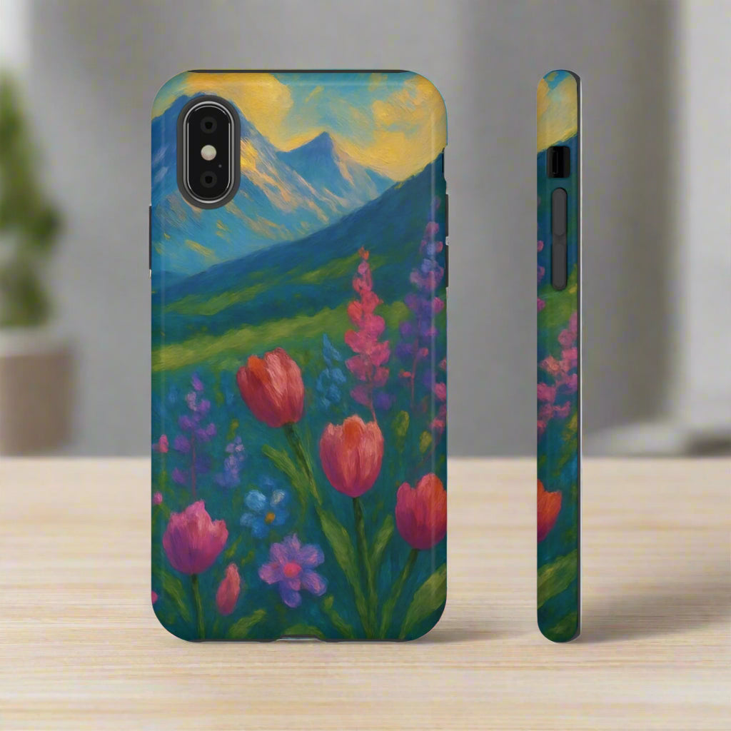 Phone case with a colorful mountain and floral design on a white background