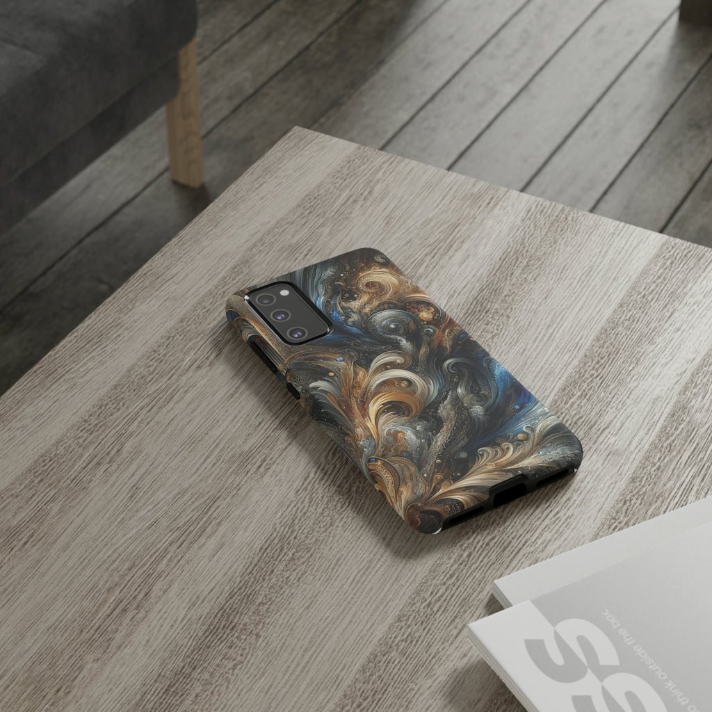 Gold and Navy Art Design Luxury Phone Tough Case Floral Elegant Durable Stylish for Modern Devices iPhone 15, Samsung iPhone Samsung Accessory Gift for Her.