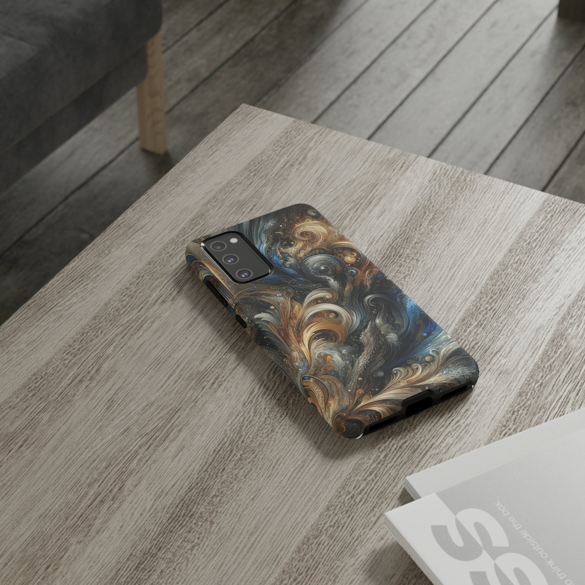 Gold and Navy Art Design Luxury Phone Tough Case Floral Elegant Durable Stylish for Modern Devices iPhone 15, Samsung iPhone Samsung Accessory Gift for Her.