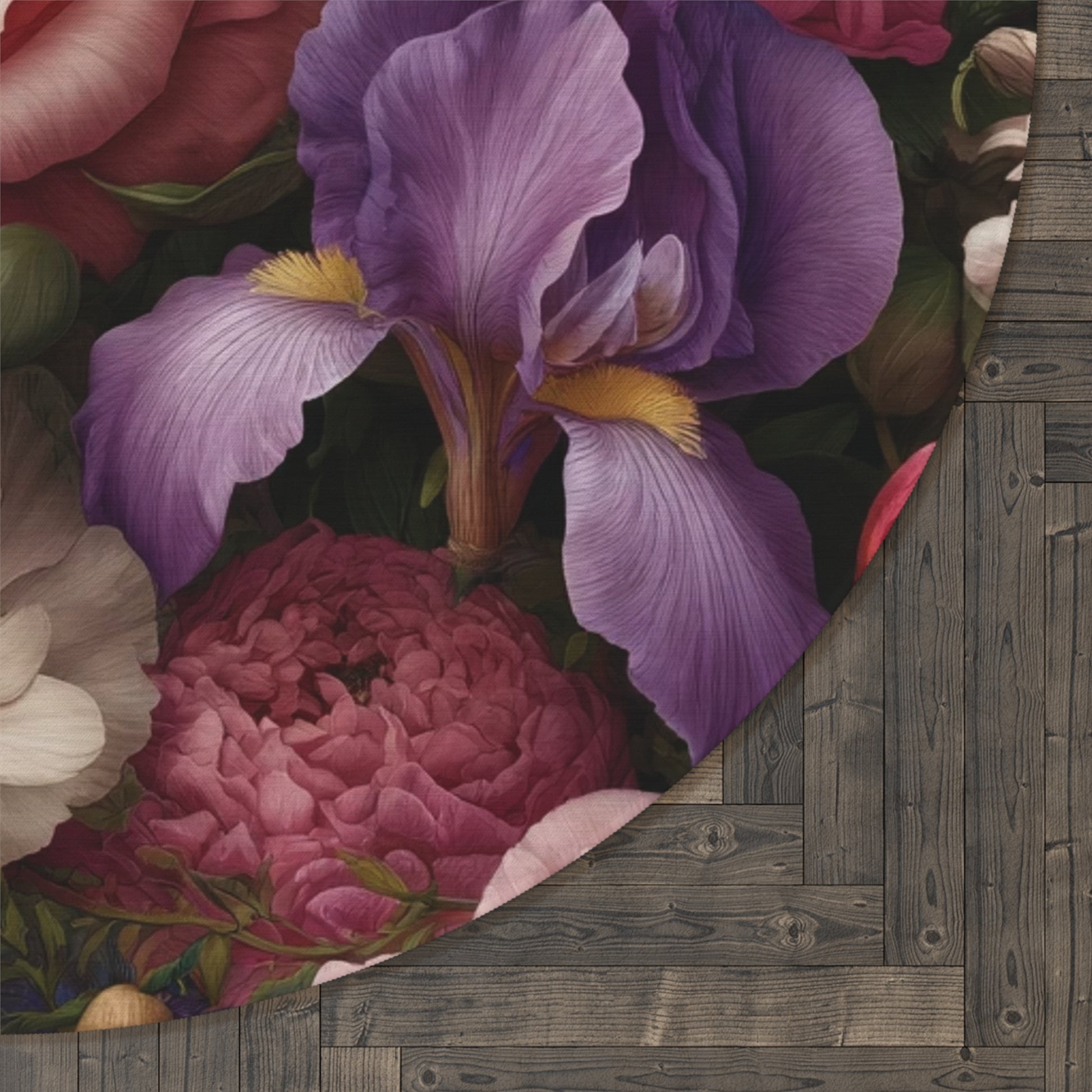 Elegant Floral Symphony Round Rug Ideal for Bedrooms, Hallways, and Home Offices Featuring Luxurious Rose, Peony, Sweet Pea, Poppy, and Clematis Designinterior Designer Livingroom.