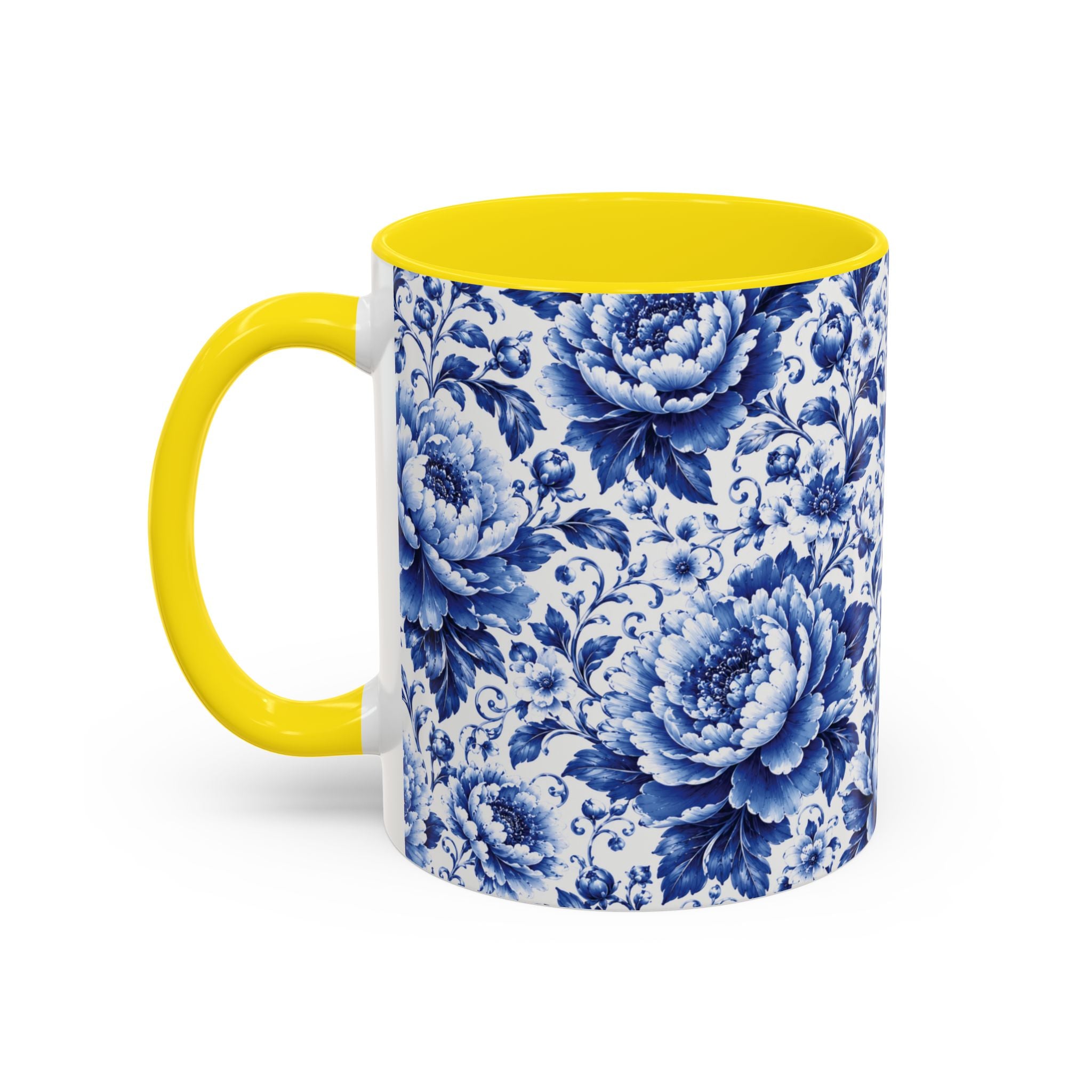 Blue Floral Ceramic Coffee Mug — Vintage Delft Peony Accent (11oz & 15oz) Blue & White Chinoiserie Tea Mug