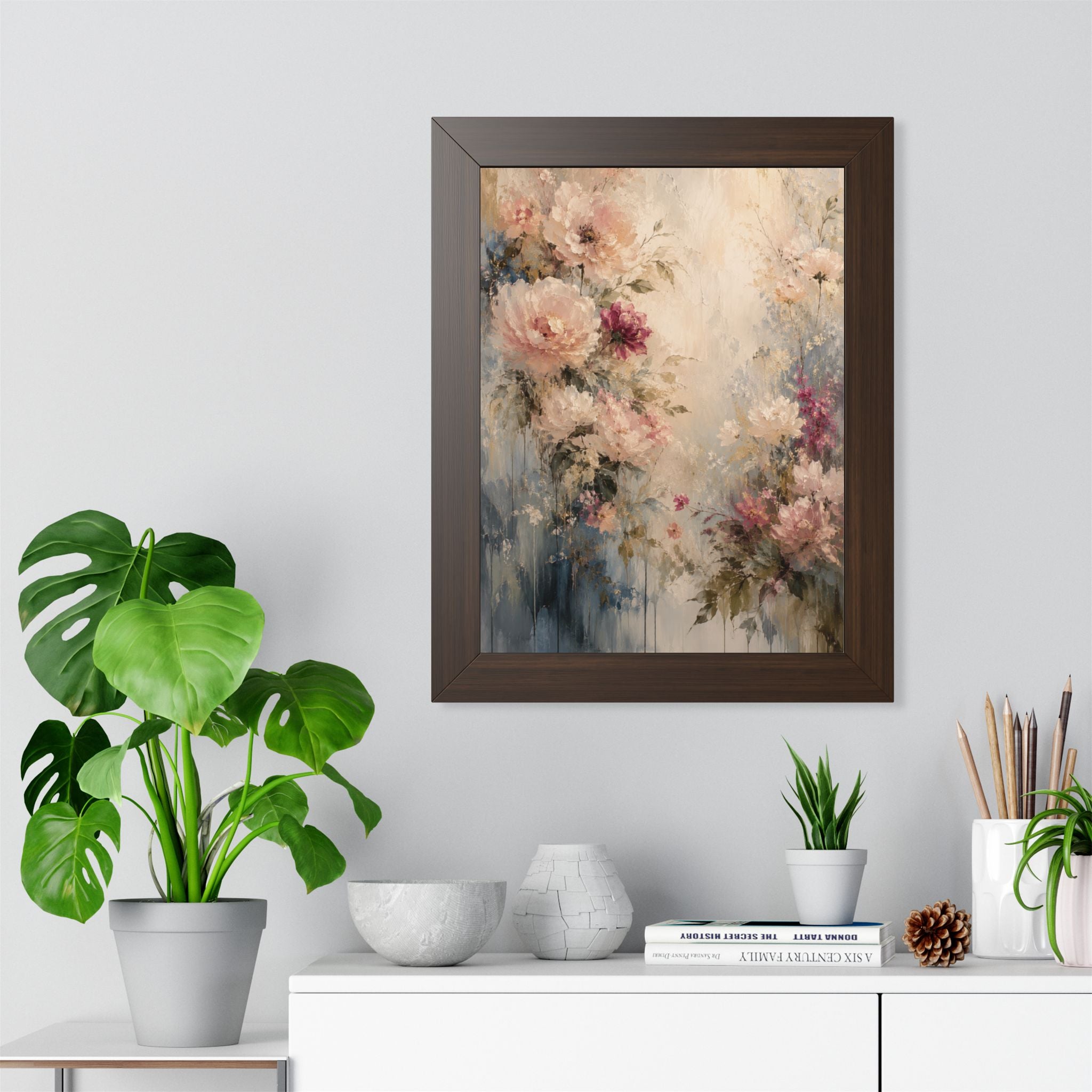 Soft Watercolor Peonies Framed Vertical Poster | Floral Wall Art