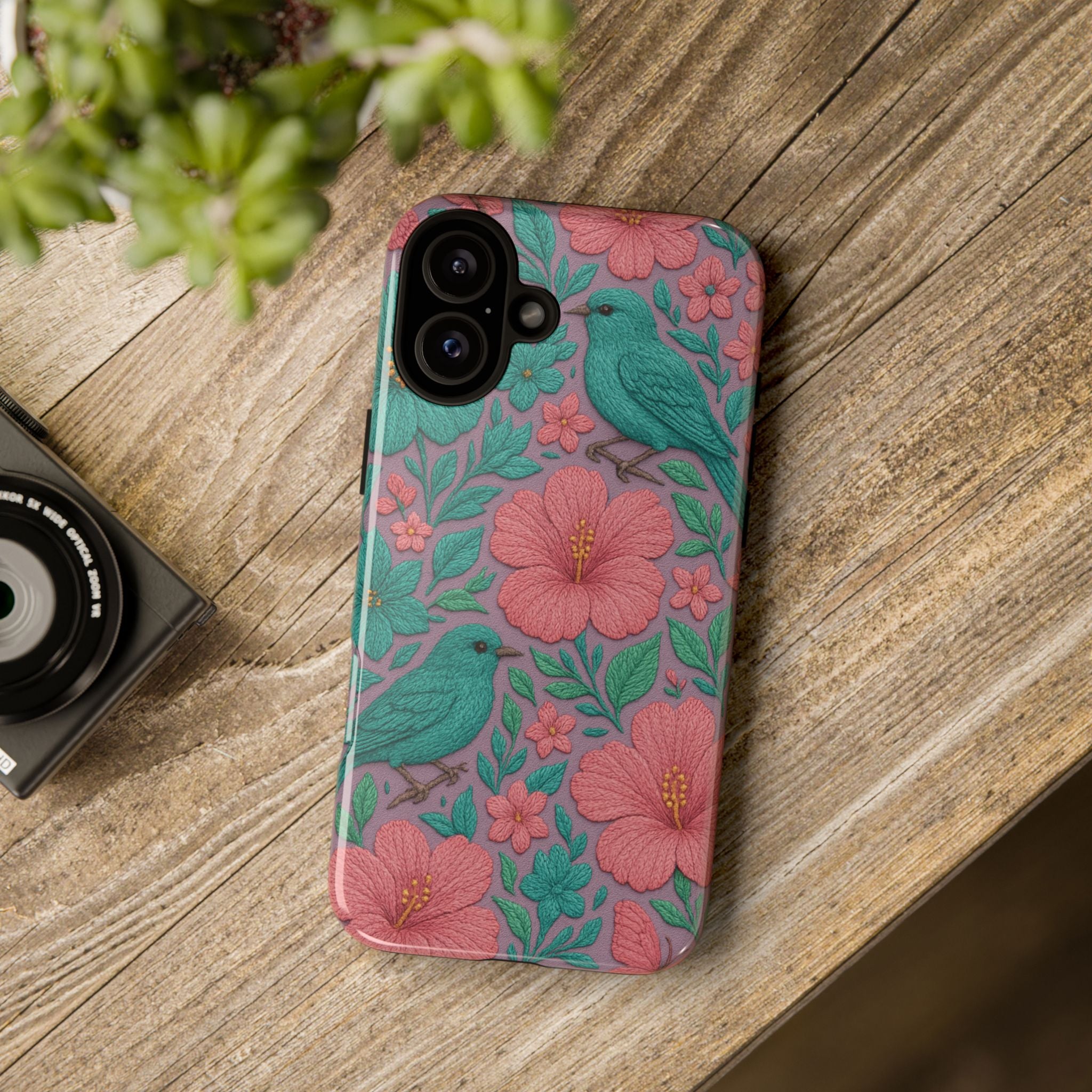 Turquoise, Pink and Lavender 3D Embroidery Illusion Phone Case Tropical Flowers, Birds & Butterflies Cover with Bold, Realistic Floral Texture iPhone, Samsung
