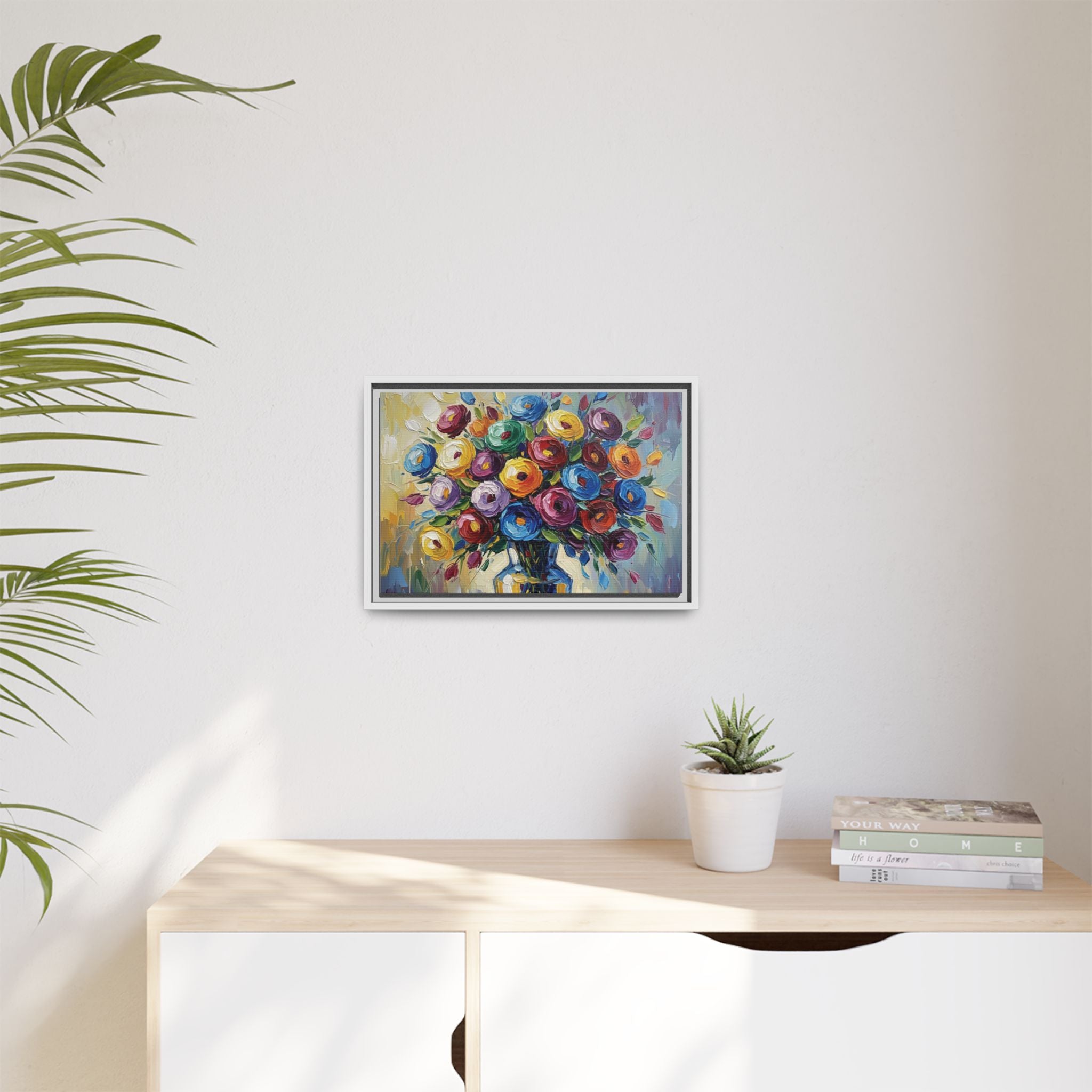 Impression sur toile bouquet floral aquarelle - Tableau mural encadré mat - Illusion de peinture à l'huile vibrante