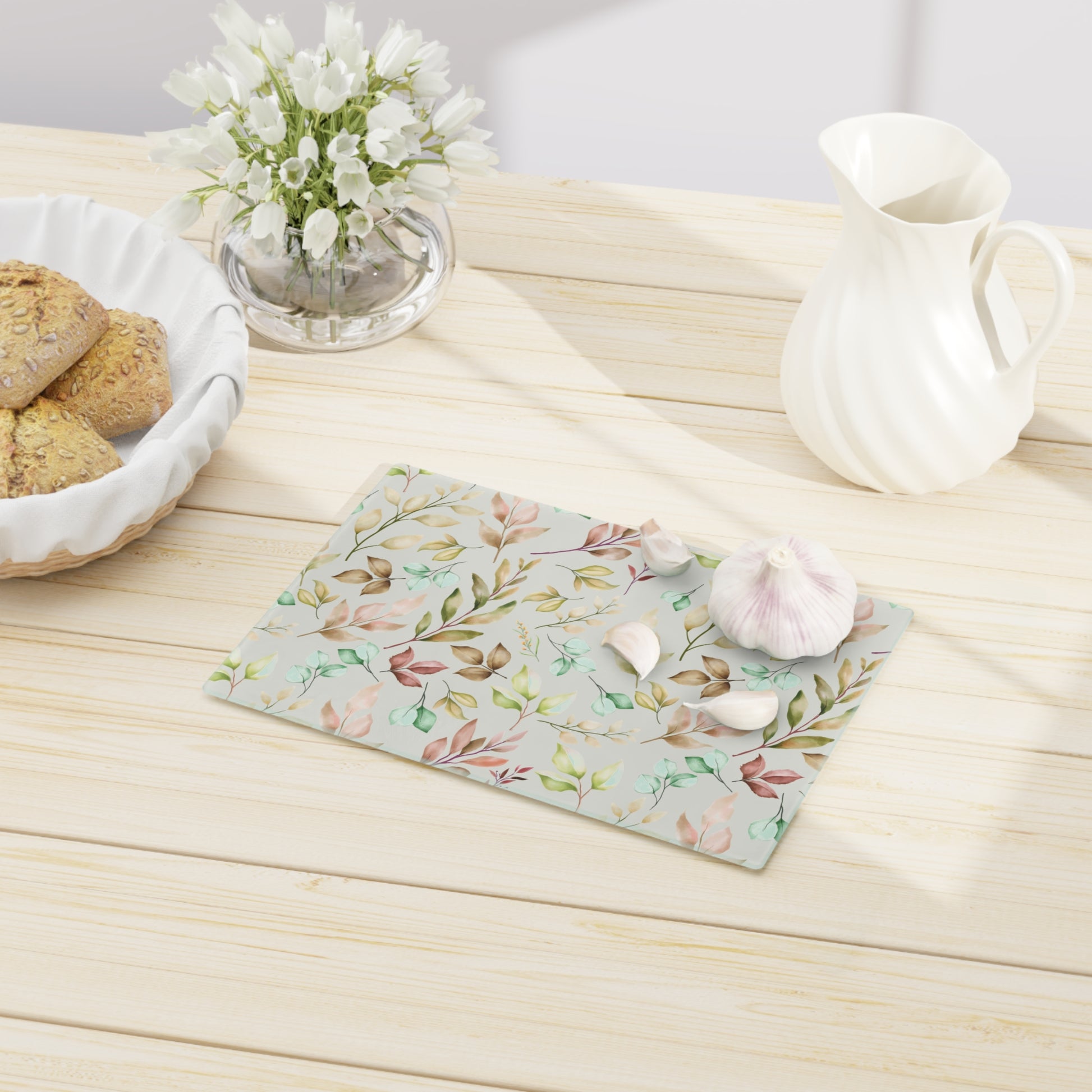Pastel Leaves Cutting Board Floral Tempered Glass Cutting Board Durable Kitchen Decor with Elegant Design, Housewarming, New House Gift - MRSBYVALLE