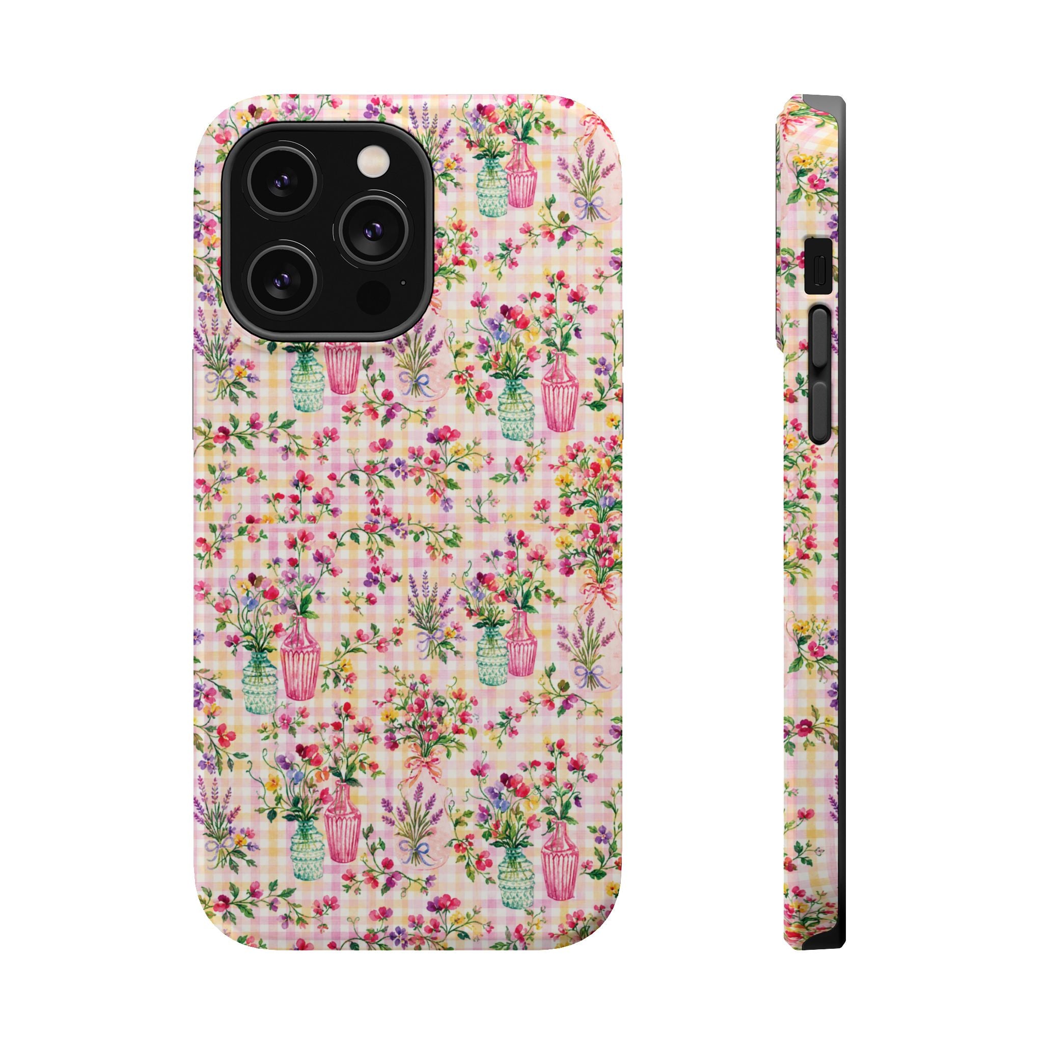 Turquoise & Pink Floral Checker Phone Case — Magnetic Impact-Resistant