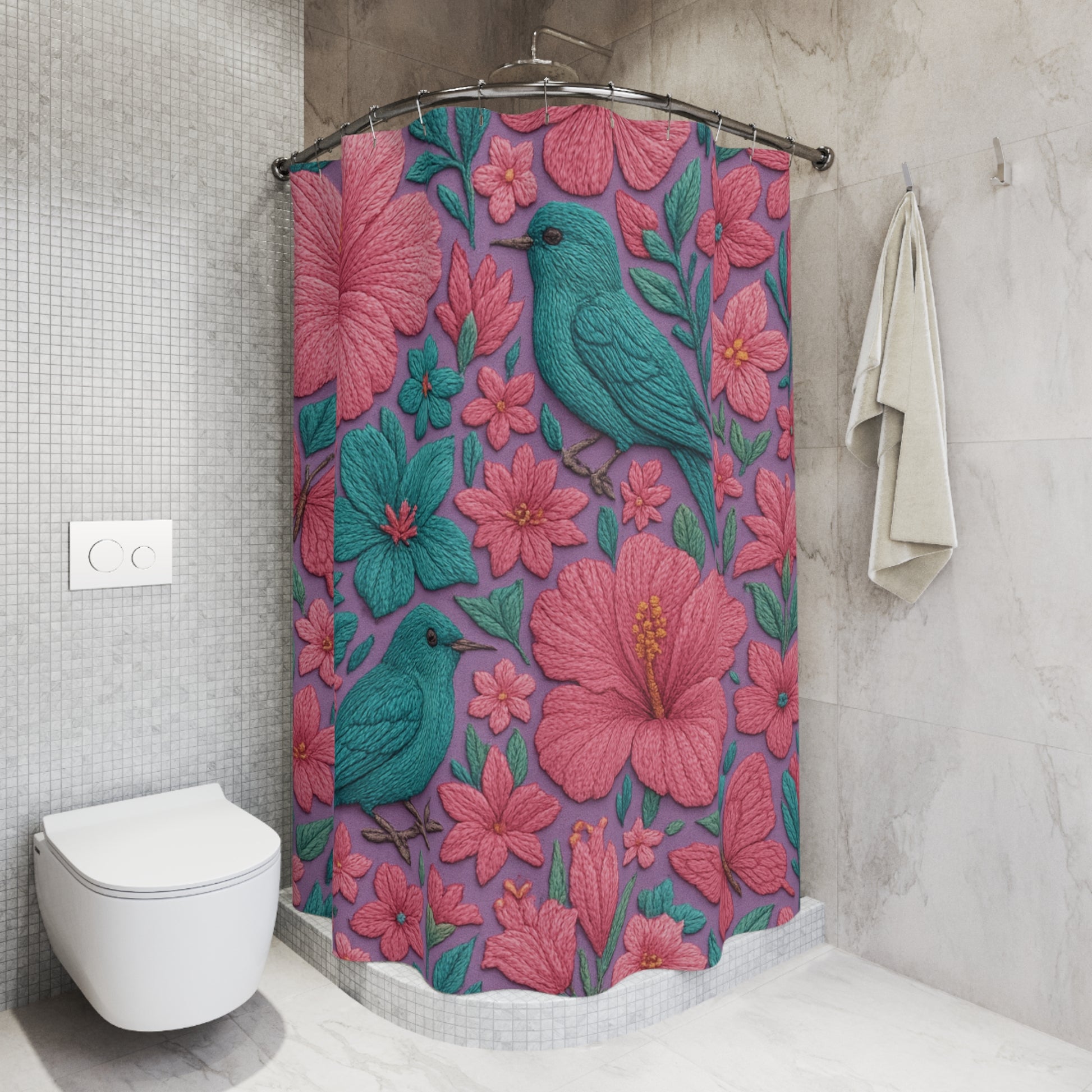 Luxury 3D Embroidery Illusion Shower Curtain – Turquoise, Pink & Lavender Tropical Flowers with Birds & Butterflies for Elegant Spa-Inspired Bathrooms