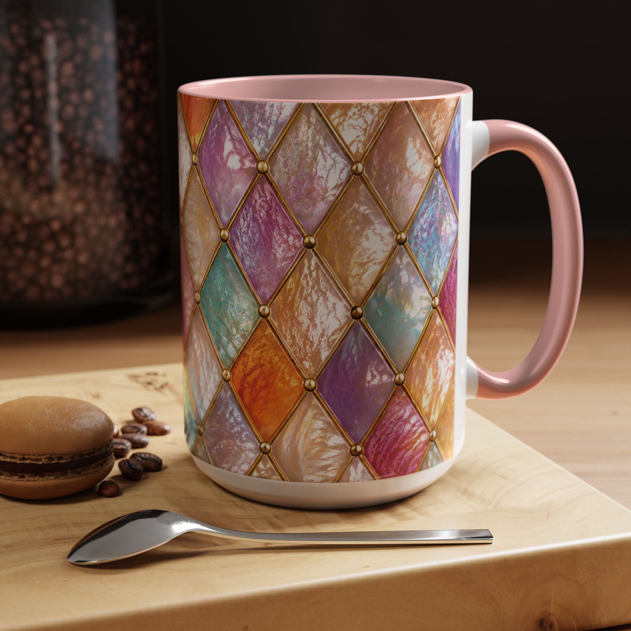 Colorful Jewel-Quilt Accent Coffee Mug — Vibrant Stained-Glass Pattern (11/15oz) Gift for her