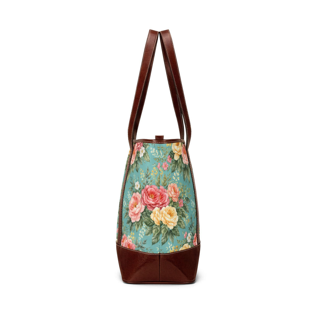 Sac à main vintage roses fleuries | Sac cabas motif rose sarcelle avec garniture en cuir