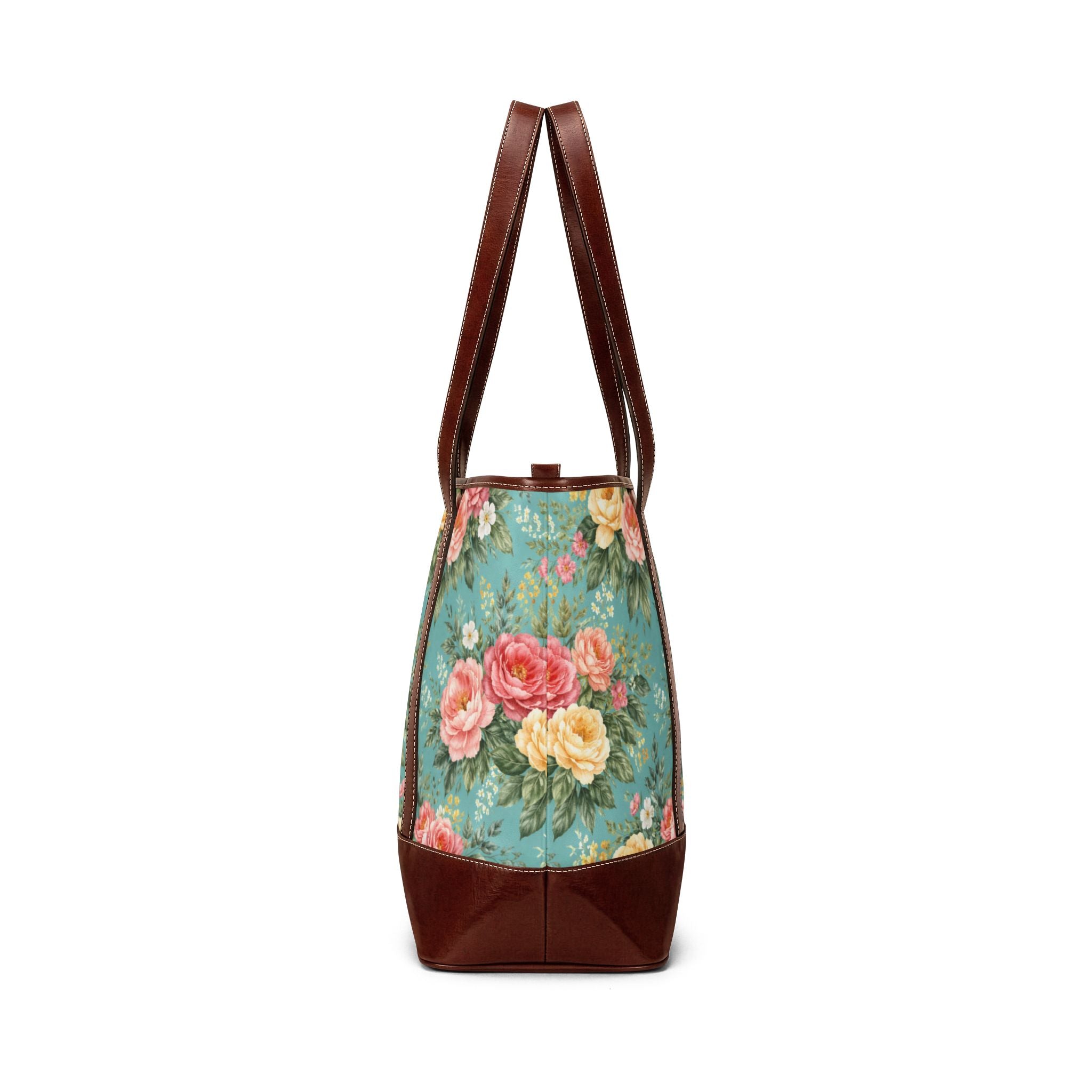 Sac à main vintage roses fleuries | Sac cabas motif rose sarcelle avec garniture en cuir