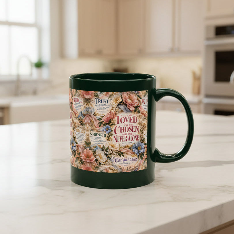 A navy blue ceramic mug featuring a vintage-style floral and scripture print on the front, set against a plain white background.