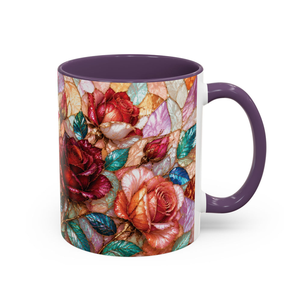 Floral Stained-Glass Accent Coffee Mug Colorful Rose Pattern (11/15 oz) Gift for Her