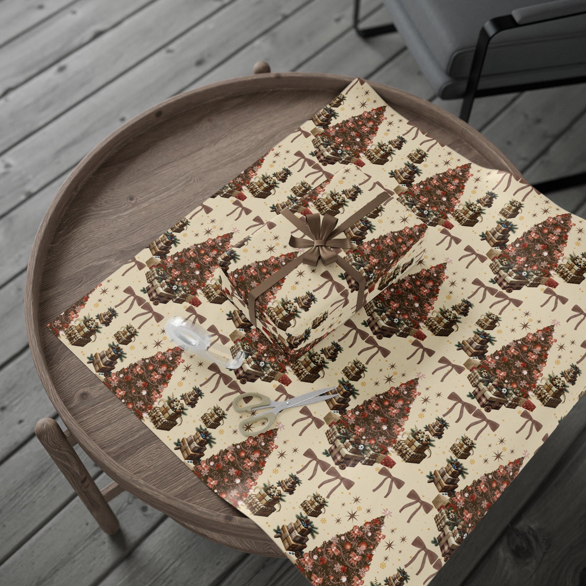 Brown Cozy Christmas Wrapping Paper Warm Holiday Gift Wrap with Tree Pattern  Festive Design