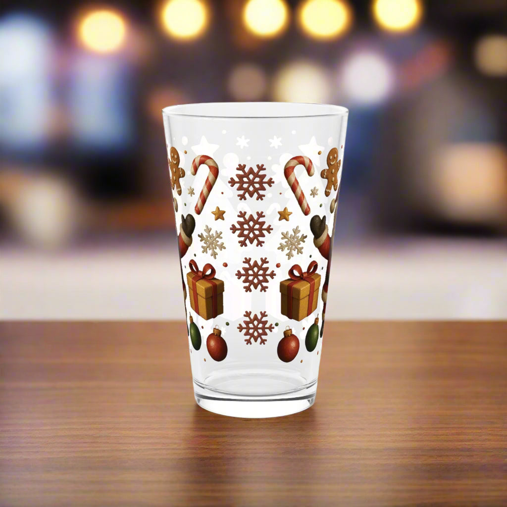 Santa & Christmas Tree Pint Glass  16oz Holiday Drinkware with Gifts, Candy Canes, Gingerbread, Ornaments – Perfect for Cocoa or Mocktails