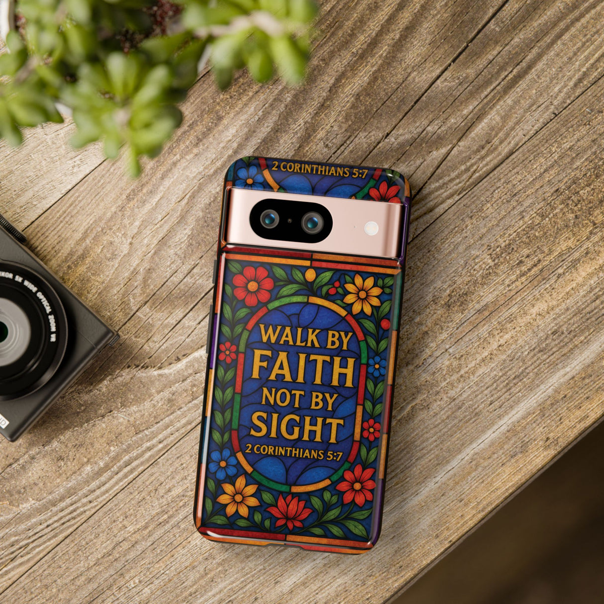 Walk by Faith Stain Glass Illusion Everywhere Christian Tough Phone Case with Bible Verse or Affirmation  Protective, Inspirational Gift for Christians