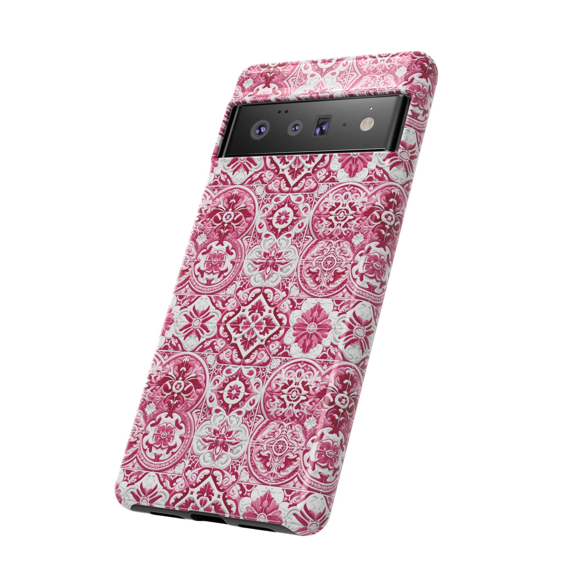 Pink and White Mediterranean Tile Design Phone Case - Stylish, Protective Cover for All Models Gift for Mom Accessory Gift for Her