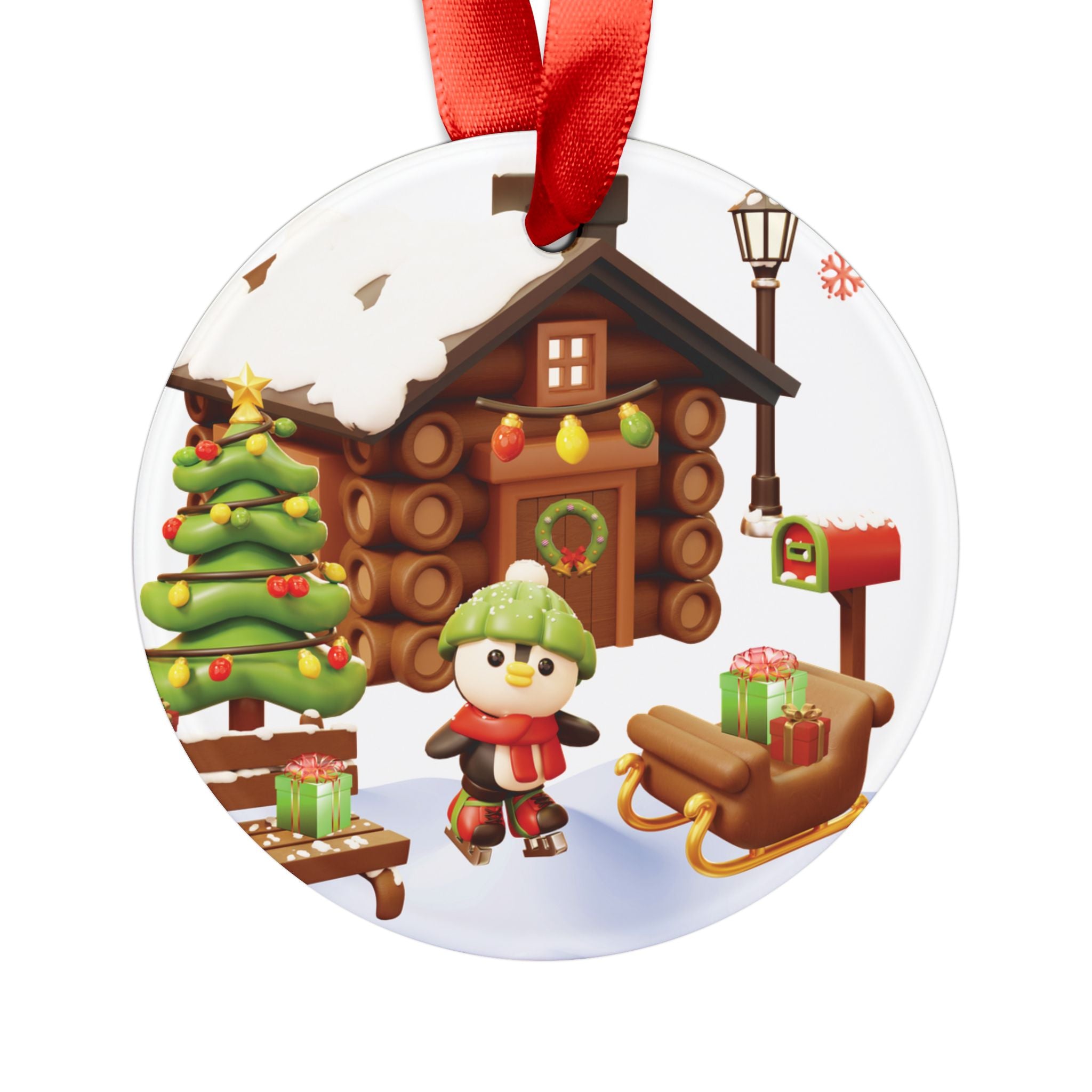 3D Illusion Christmas Penguin Ornament Cute Winter Penguin by Snow Cabin Scene, Acrylic Holiday Keepsake, Festive Tree Decoration 2.90Gift for Family