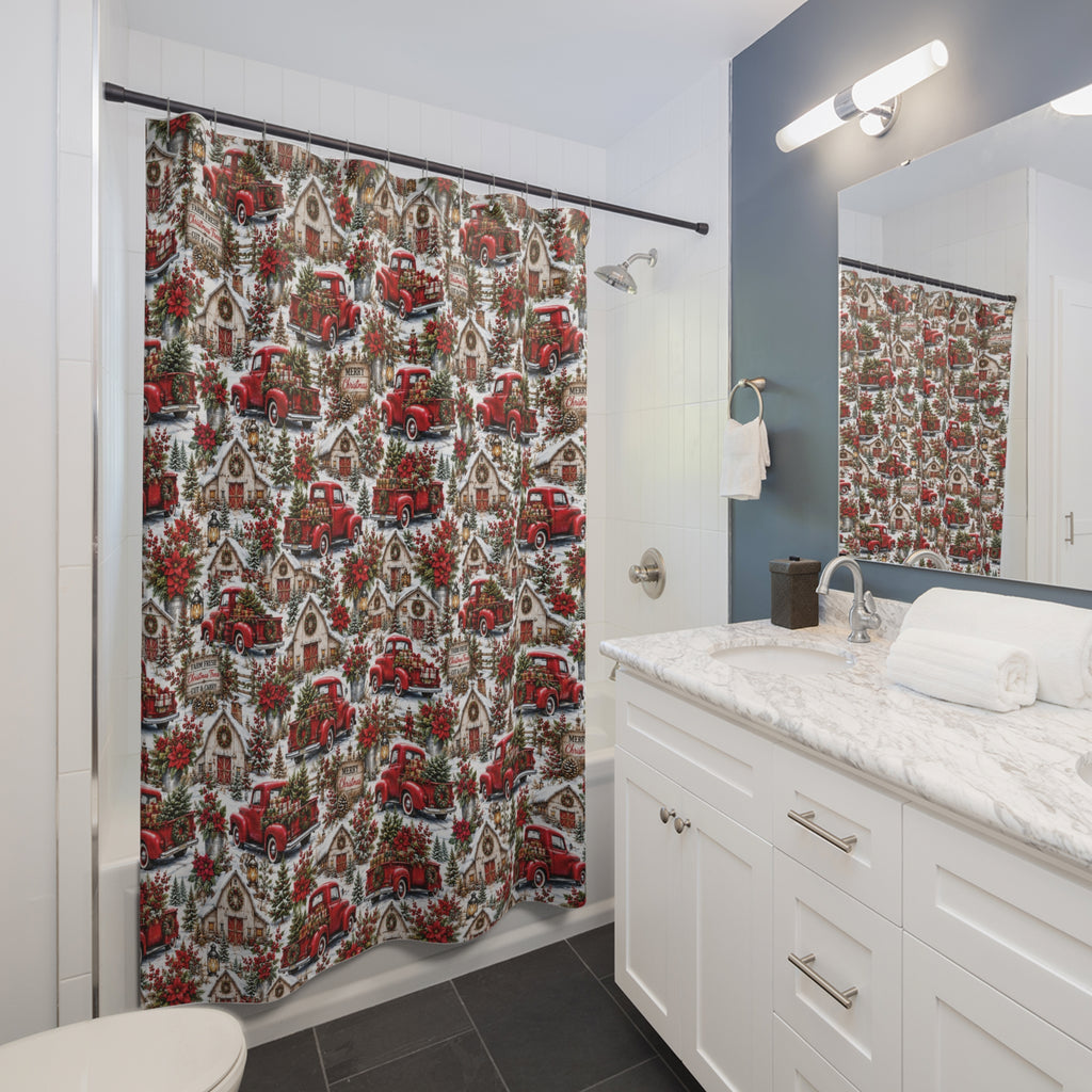 Rustic Red Truck Farmhouse Christmas Shower Curtain