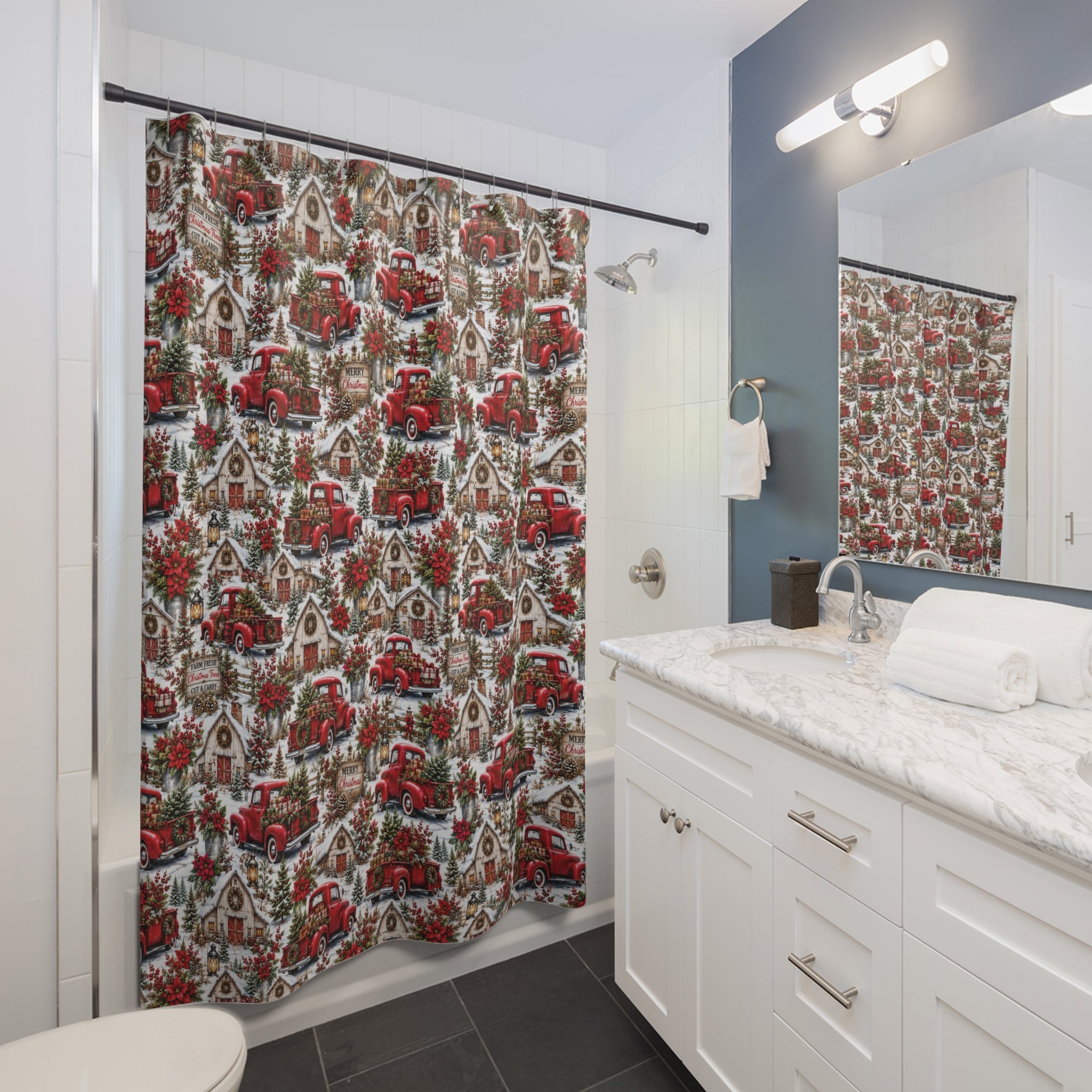 Rustic Red Truck Farmhouse Christmas Shower Curtain
