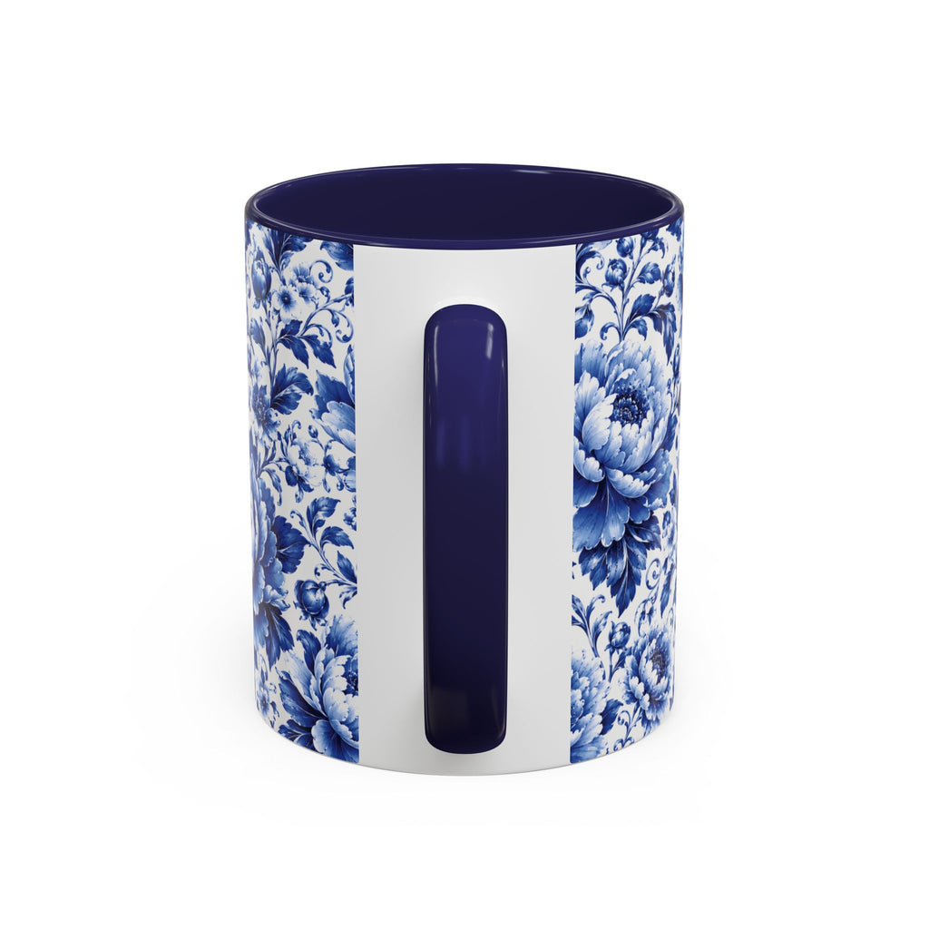 Blue Floral Ceramic Coffee Mug — Vintage Delft Peony Accent (11oz & 15oz) Blue & White Chinoiserie Tea Mug