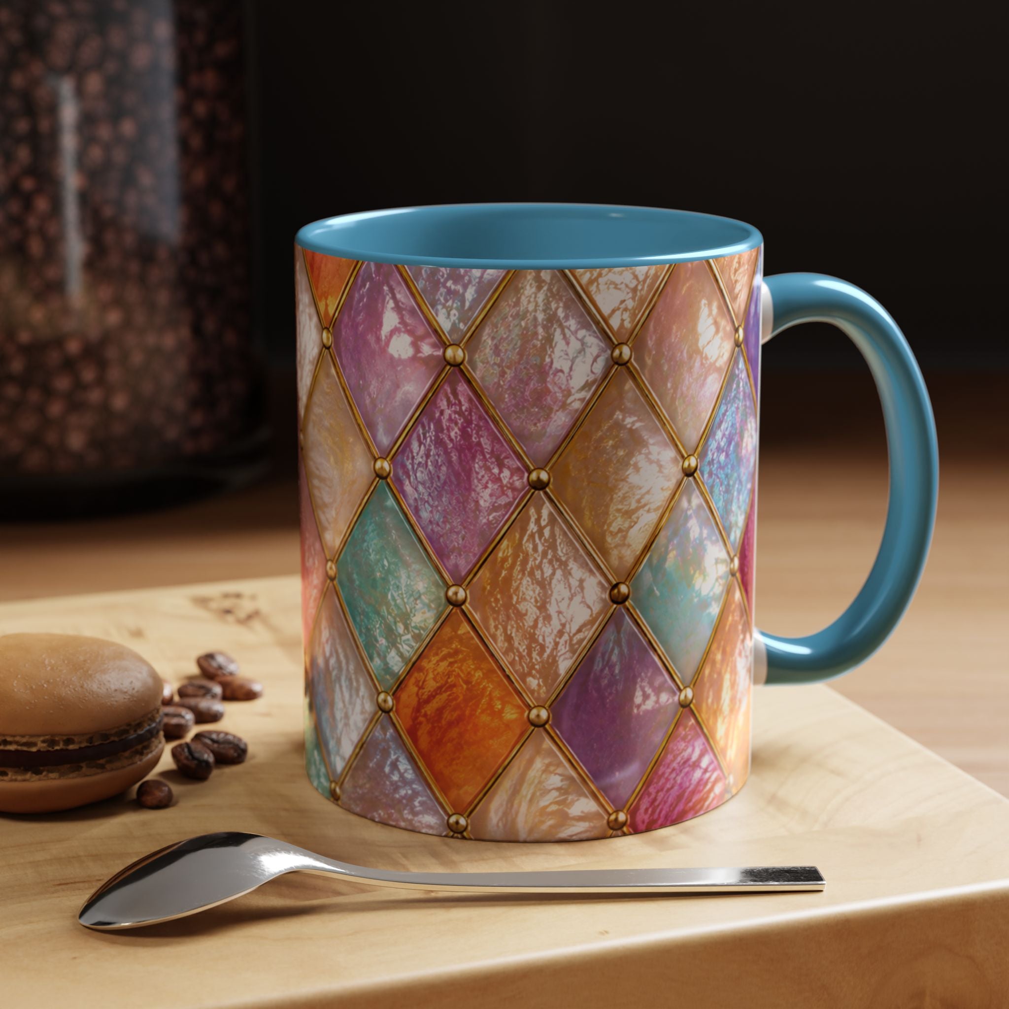 Colorful Jewel-Quilt Accent Coffee Mug — Vibrant Stained-Glass Pattern (11/15oz) Gift for her