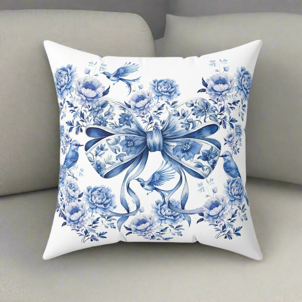 Elegant Blue Bow Chinoiserie Square Pillow – Vintage Bird & Floral Design, Soft & Stylish, Available in 16x16, 18x18 & 20x20, Perfect for Home Decor & Gifting Sofa Decor 100% Polyester with Double-Sided Print