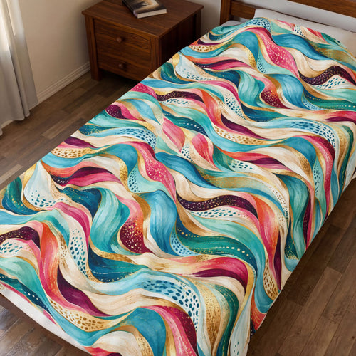 A colorful abstract wavy patterned bedding set, including a duvet cover and matching pillowcases, displayed on a single bed in a bedroom setting with a wooden nightstand and floor.