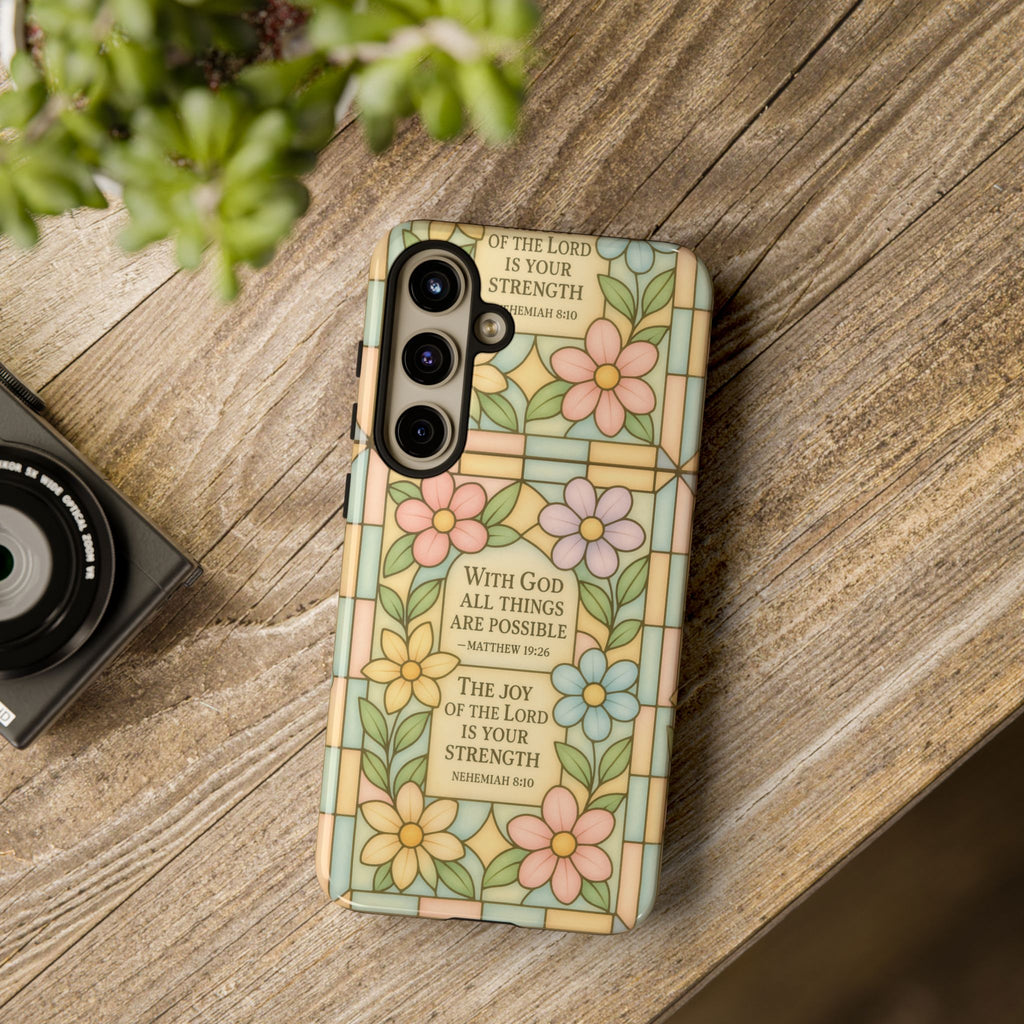 Pastel Stained Glass Bible Verse Phone Case Christian Affirmation Cover, Soft Geometric Design, iPhone Samsung Google, Faith Gift for Her Bible Verse or Affirmation | Protective, Inspirational Gift for Christians