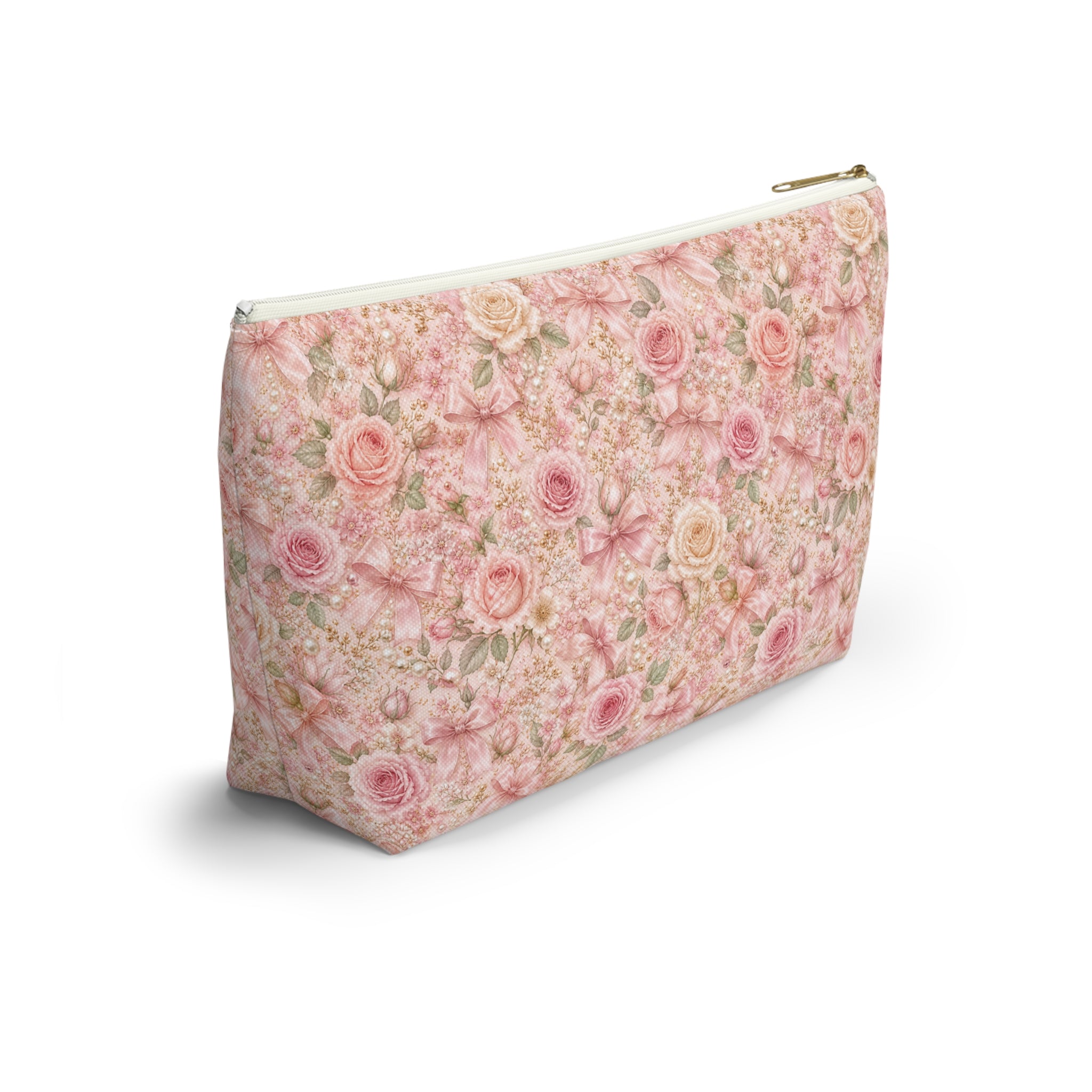 Trousse de Maquillage Nœud en Satin et Rose Poudré, Pochette Cosmétique Fleurie Coquette de Luxe, Organisateur de Voyage Élégant
