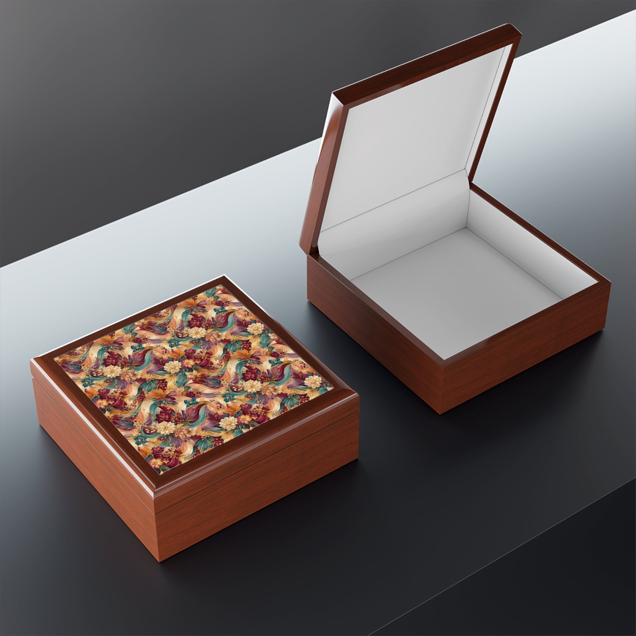 Floral Peacock Pattern Jewelry Box — Decorative Keepsake Box with Vintage Botanical Design
