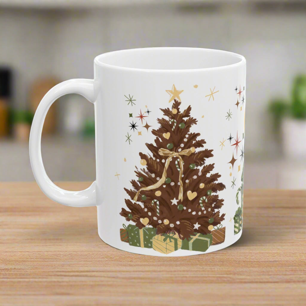 Brown Christmas Tree Mug, 11oz  15oz Holiday Coffee Cup, Rustic Winter Mug, Cozy Hot Chocolate Mug, Christmas Gift Idea, Festive Morning Vibes