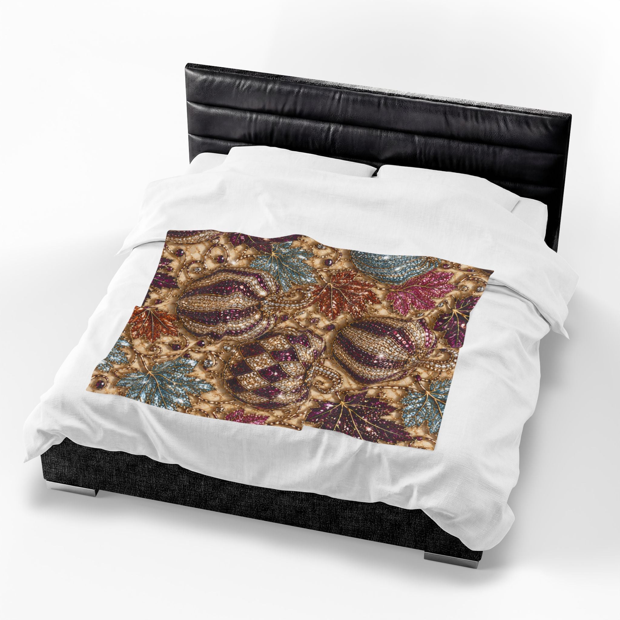 Plush Blanket - Jewel-Toned Decorative Pumpkins & Leaves Fall Throw Rhinestone Faux