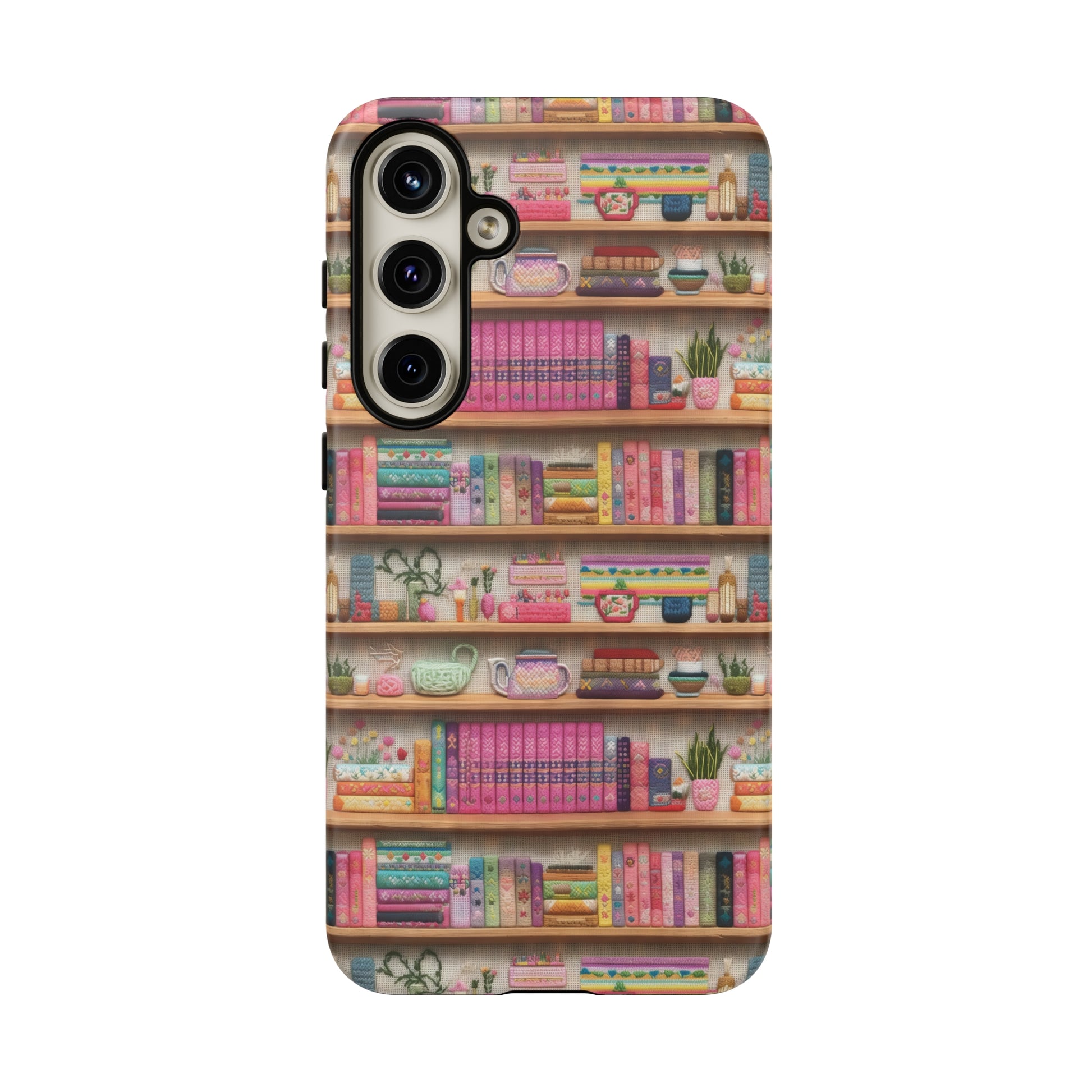 Phone Case 3D Illusion Books & Shelf Embroidery Design with Vibrant Colors Gift for Her Phone 15, Samsung iPhone Samsung Gift for Her Case iPhone 15, Samsung iPhone Samsung Accessory Gift for Her.